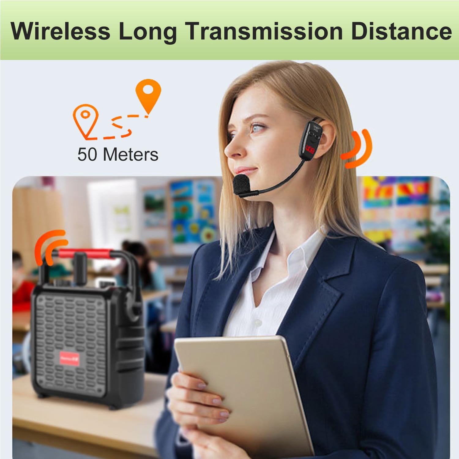 Wireless Microphone Headset, UHF Dual Cordless Microphones System, USB-C Charging, Head Mic with Digital Display, 165ft Range - Image 3