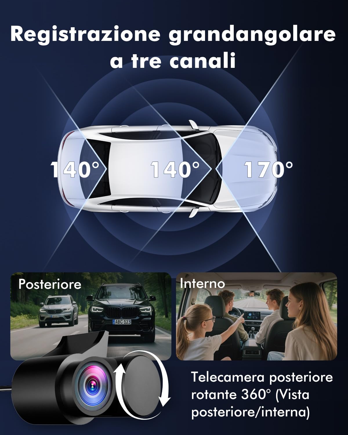 Dash Cam Auto 3 Canali, 4K UHD Anteriore + Full HD Posteriore + Interno, Dashcam con Sorveglianza Parcheggio 24h, WiFi 6 e GPS, Visione Notturna HDR/WDR, Dashcam con scheda 64GB (V1)