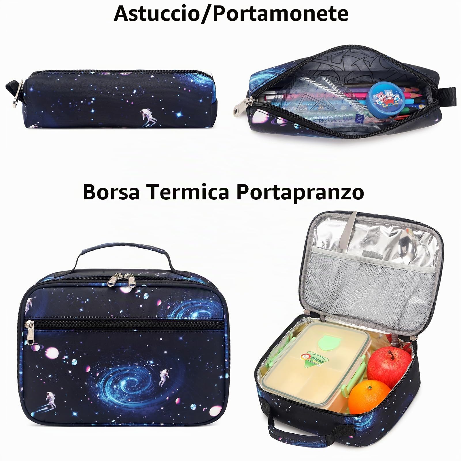 Zaino Galaxy a tema spaziale, con portapranzo, per ragazzi e ragazze, leggero e impermeabile, per studenti elementari e elementari