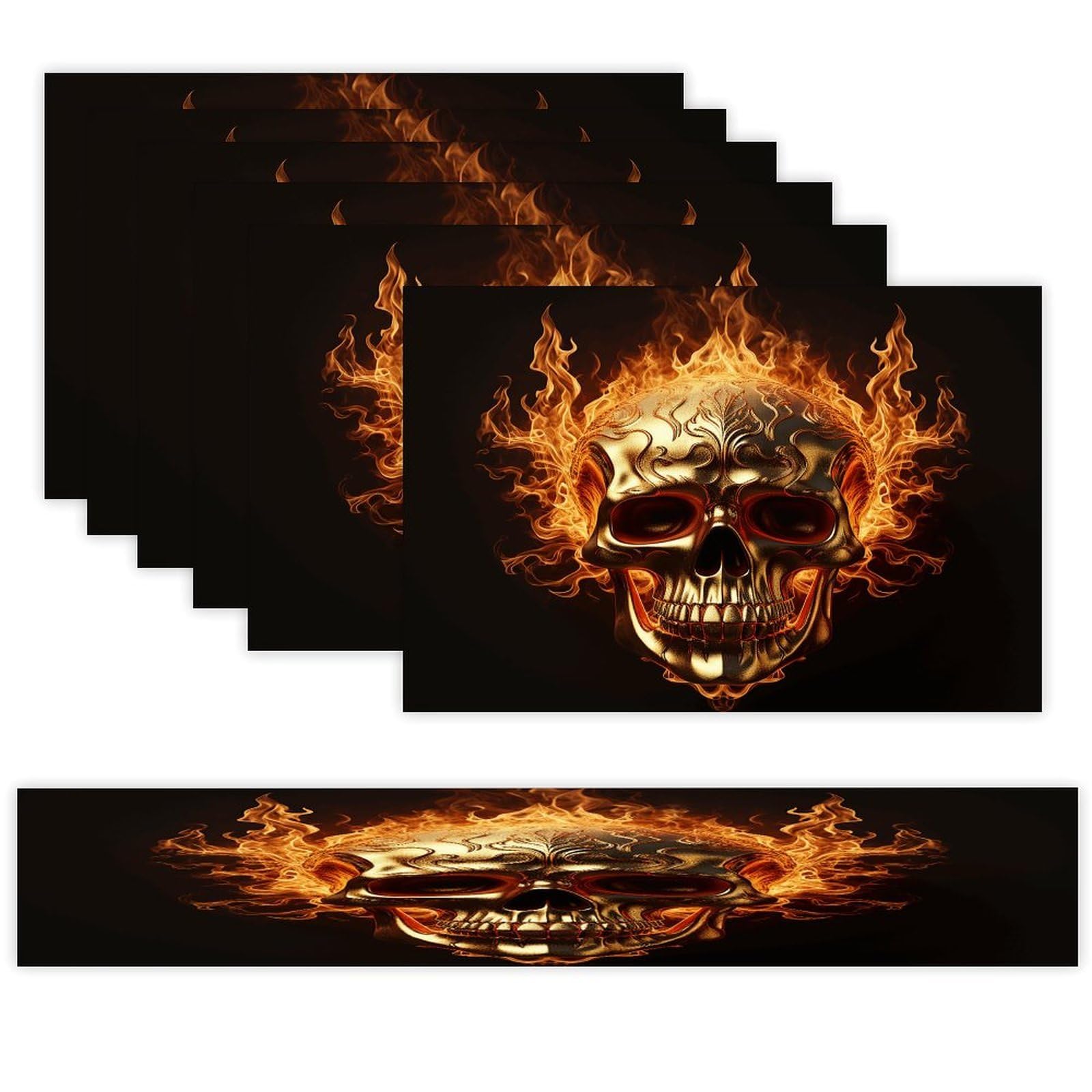 Skull and Flames Table Runner and Placemats Set of 7 Linen Table Mat Non-Slip Place Mats Washable Placemat Heat Resistant Place Mat with Table Runner for Party Dining Decor