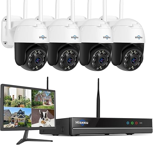 Hiseeu Cámara óptica 5X Sistema de seguridad 8CH con monitor de 20 pulgadas 2K HD para exteriores, cámara de vigilancia WiFi de 3MP, reflectores,