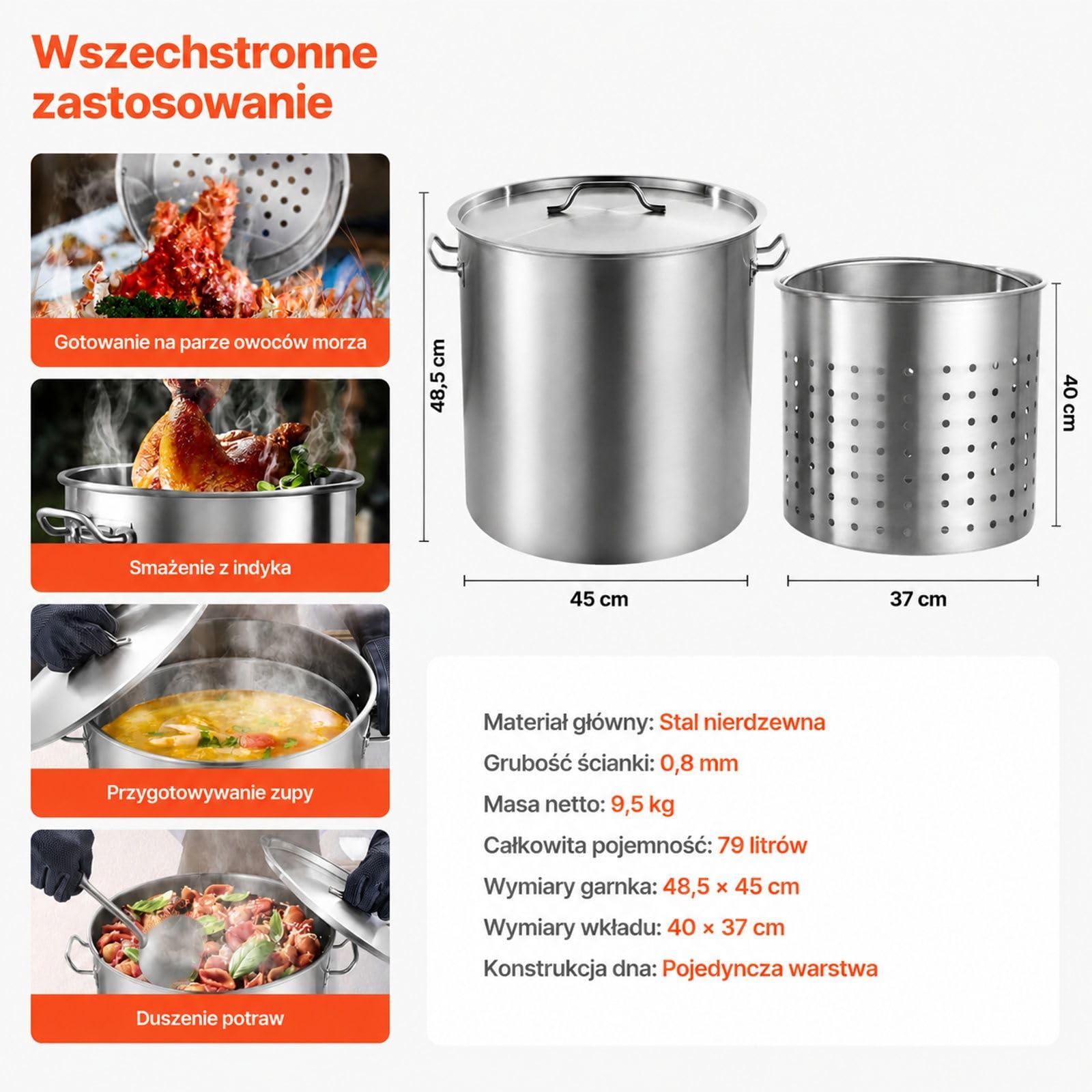 Garnek do sosu 79,5 l ze stali nierdzewnej z pokrywą i koszem, do kuchni oraz restauracji