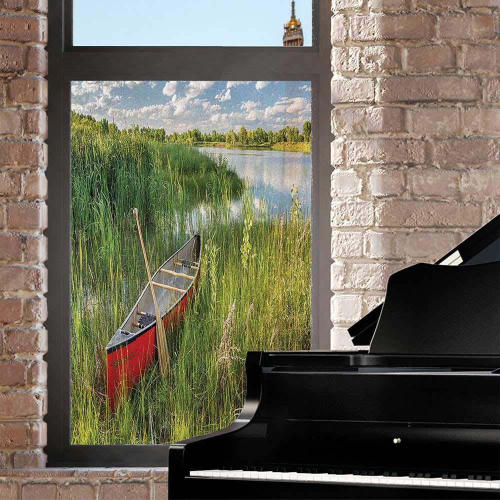 Lake Theme Window Film Static Cling Film,Picturesque of a Canoe with Wooden Paddle in Grass Near Water Vegetation Window Sun Block for Home UV Blocking Privacy,Multicolor 24