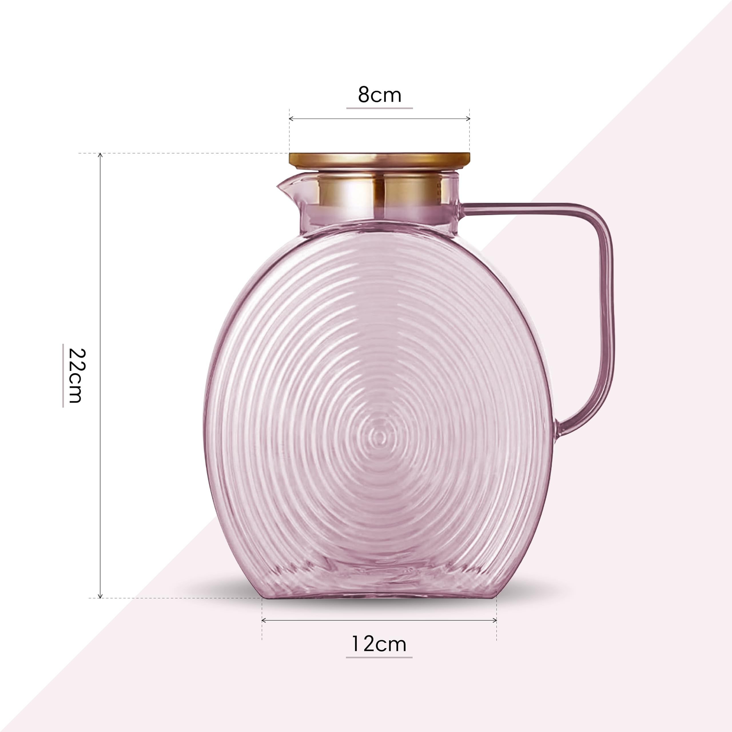Charbrew Brocca in vetro borosilicato rosa da 2,5 l, con coperchio, caraffa a costine per acqua, succhi, tè freddo, birra fredda e cocktail, caraffa con manico adatta alla porta del frigorifero (serve