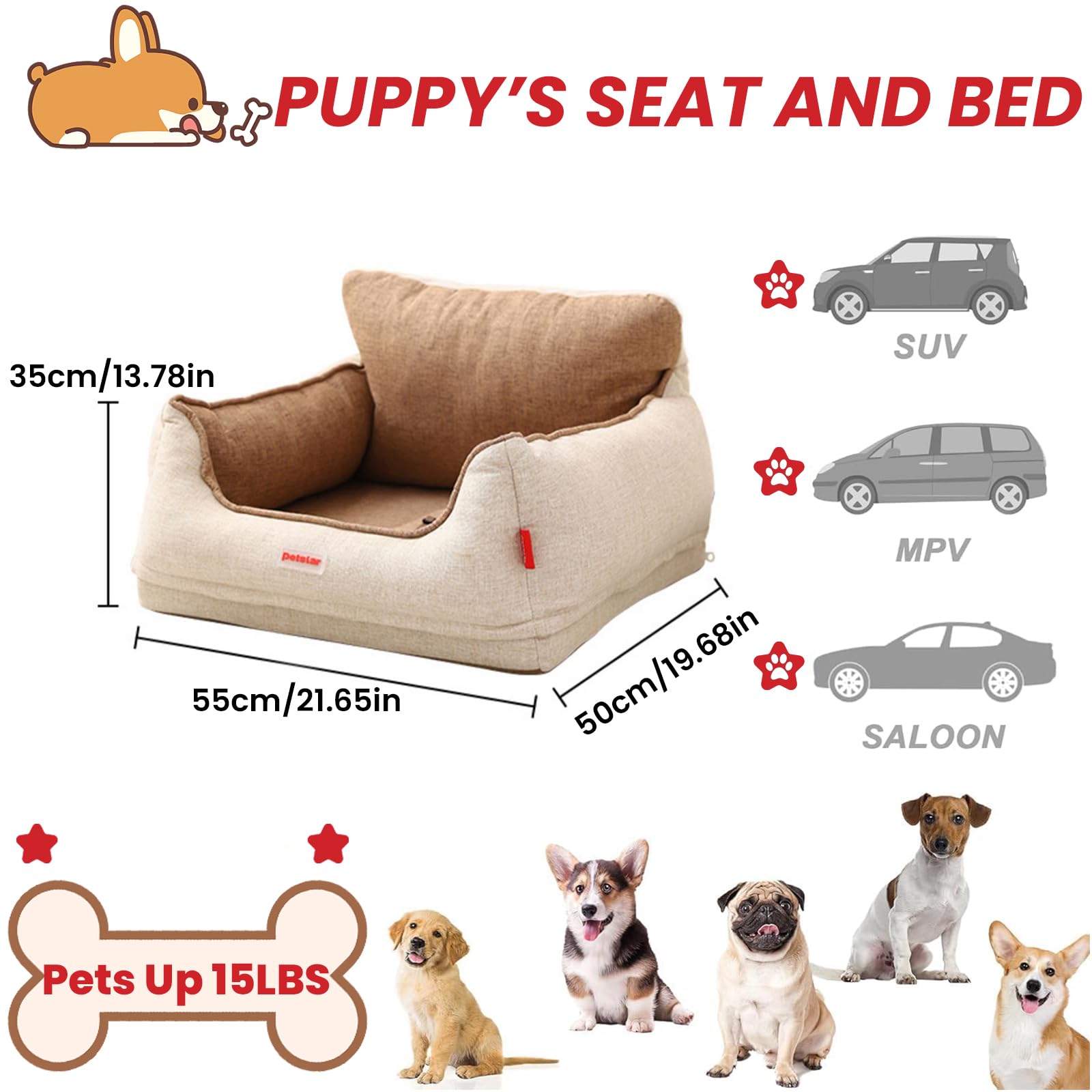 Asiento De Coche para Perros, Cama para Perros, Cajas De Transporte, Canastas para Gatos, Asiento Perro Coche Pequeño Mediano con Cinturón De Seguridad Antideslizante