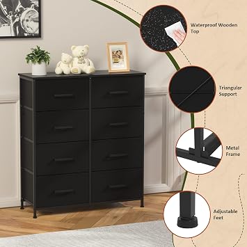 Fabric Dresser for Bedroom, Wide Chest of 8 Drawers, Entertainment Center, Media Console Table with Metal Frame and Wood Top for TVh, Chest of Drawers for Bedroom, Living Room - Black