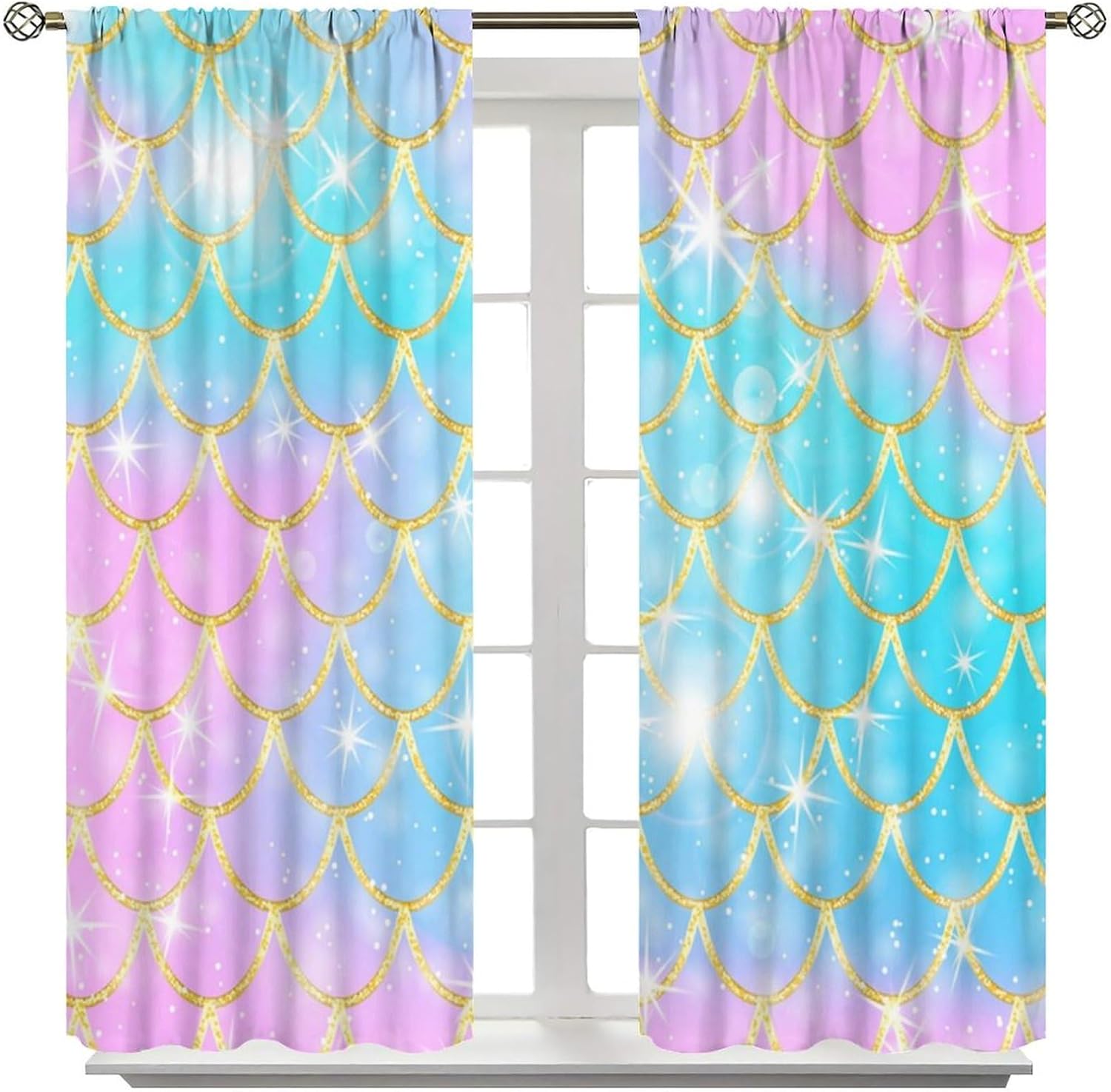 Mermaid Blackout Curtains for Girls,Cartoon Colorful Stars Underwater Mermaid Magic Princess Window Treatments Print for Kids Nursery Baby Bedroom Living Room 63x63in