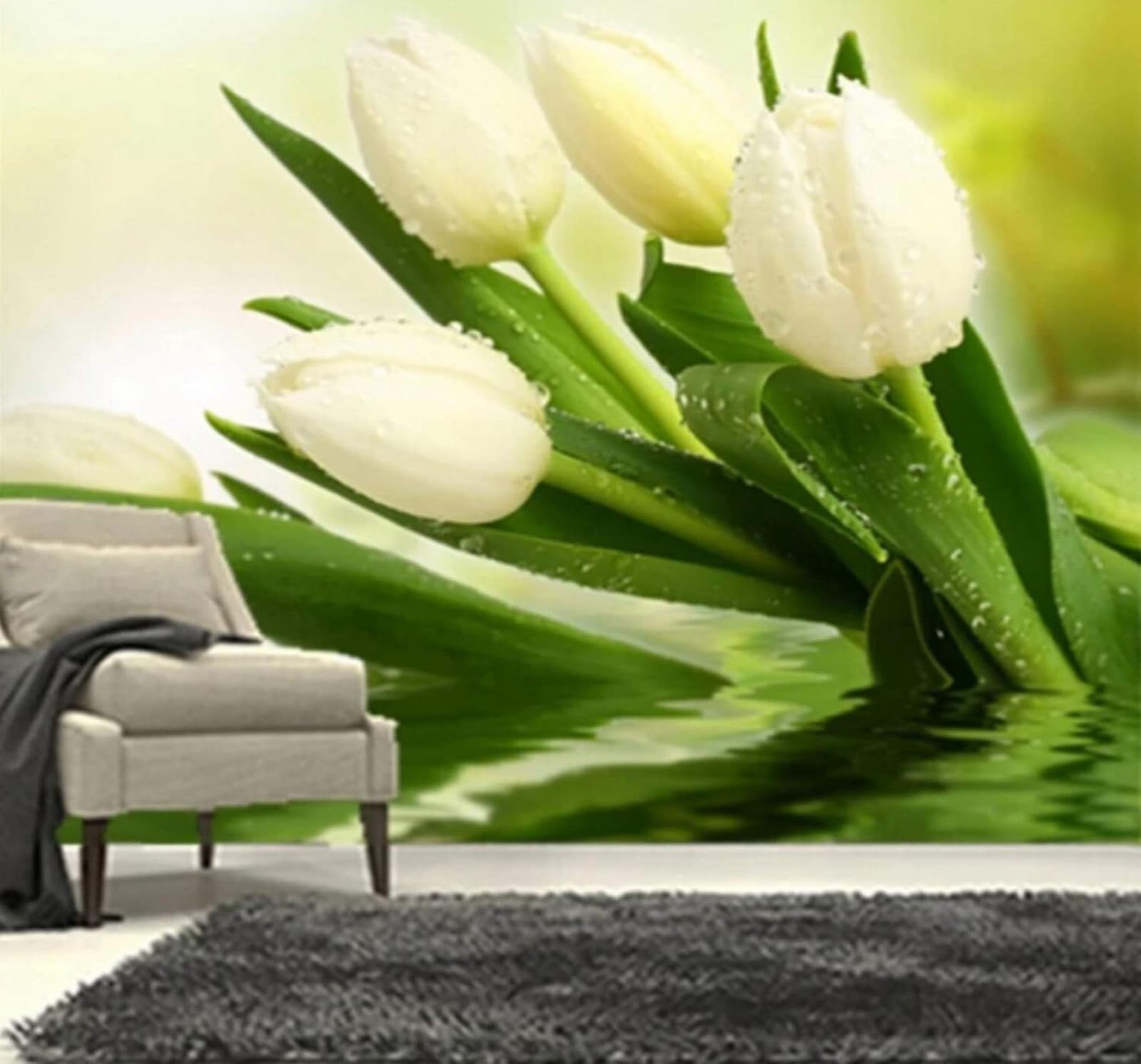 XLMING Fresh Three Dimensional Beautiful White Tulip 3D Wallpaper Luxury Silk Study Dining Feature Sofa Grey Bedroom Living Room Tv Decorative Wall-300cm×210cm