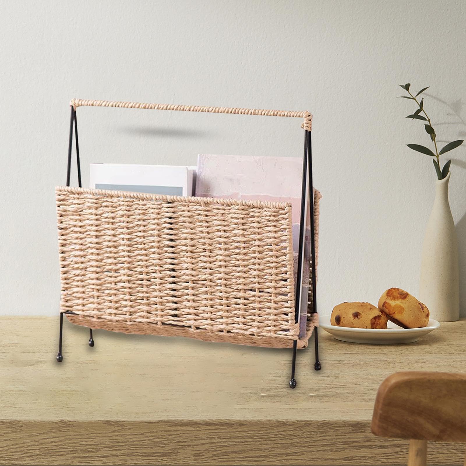 Porte-Revues Présentoi, Porte-Journaux, Porte-Revues Tressé, Livre Panier de Rangement pour Magazines Ferme, Support Métallique Multifonctionnel Décoration pour Canapé Ou Chevet de Chambre 35x6x36cm