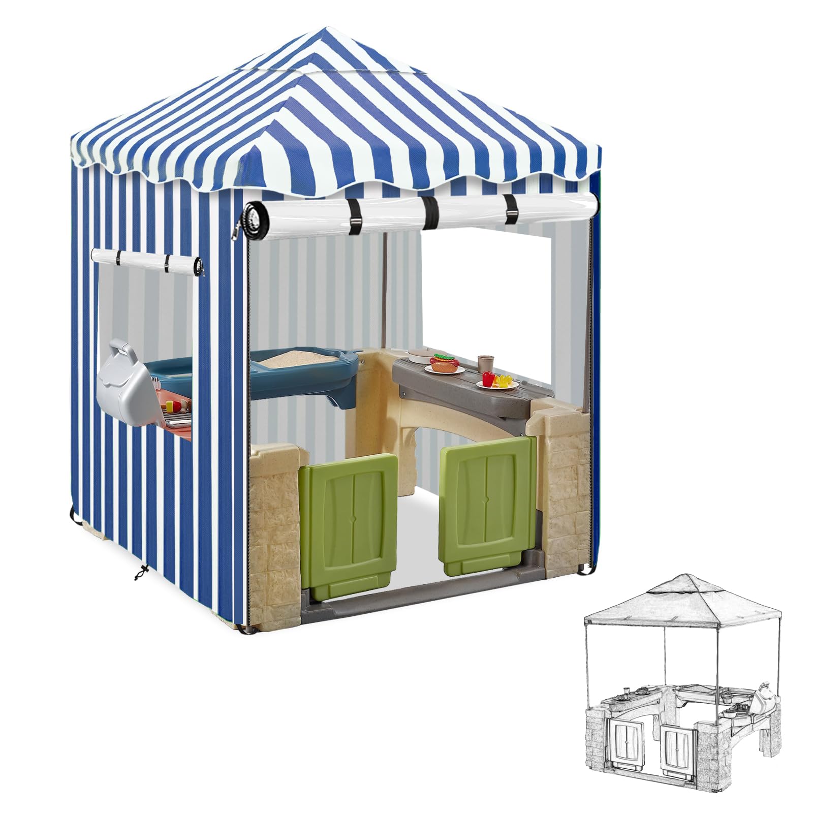 Outdoor Kids Playhouse Cover, Waterproof Cover for Multiple Brands - Blue and White Striped Full Coverage (56" W x 56" D x 60.2" H)