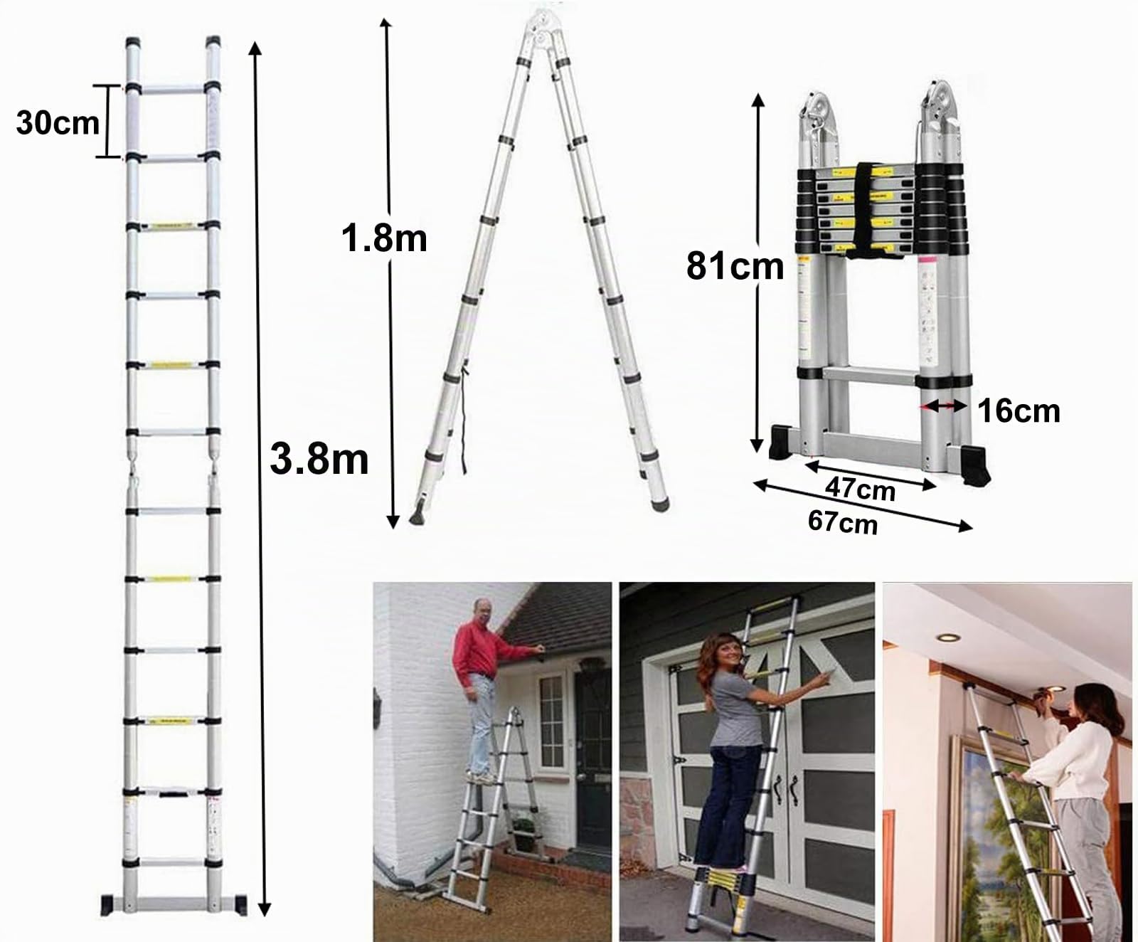 Teleskopleiter 3,8m Klappbar Aluleiter mit Stabilisator, EN131 Multifunktionsleiter Klappleiter Rutschfester Ausziehleiter, 150 kg Belastbarkeit Leiter für Garten Innen