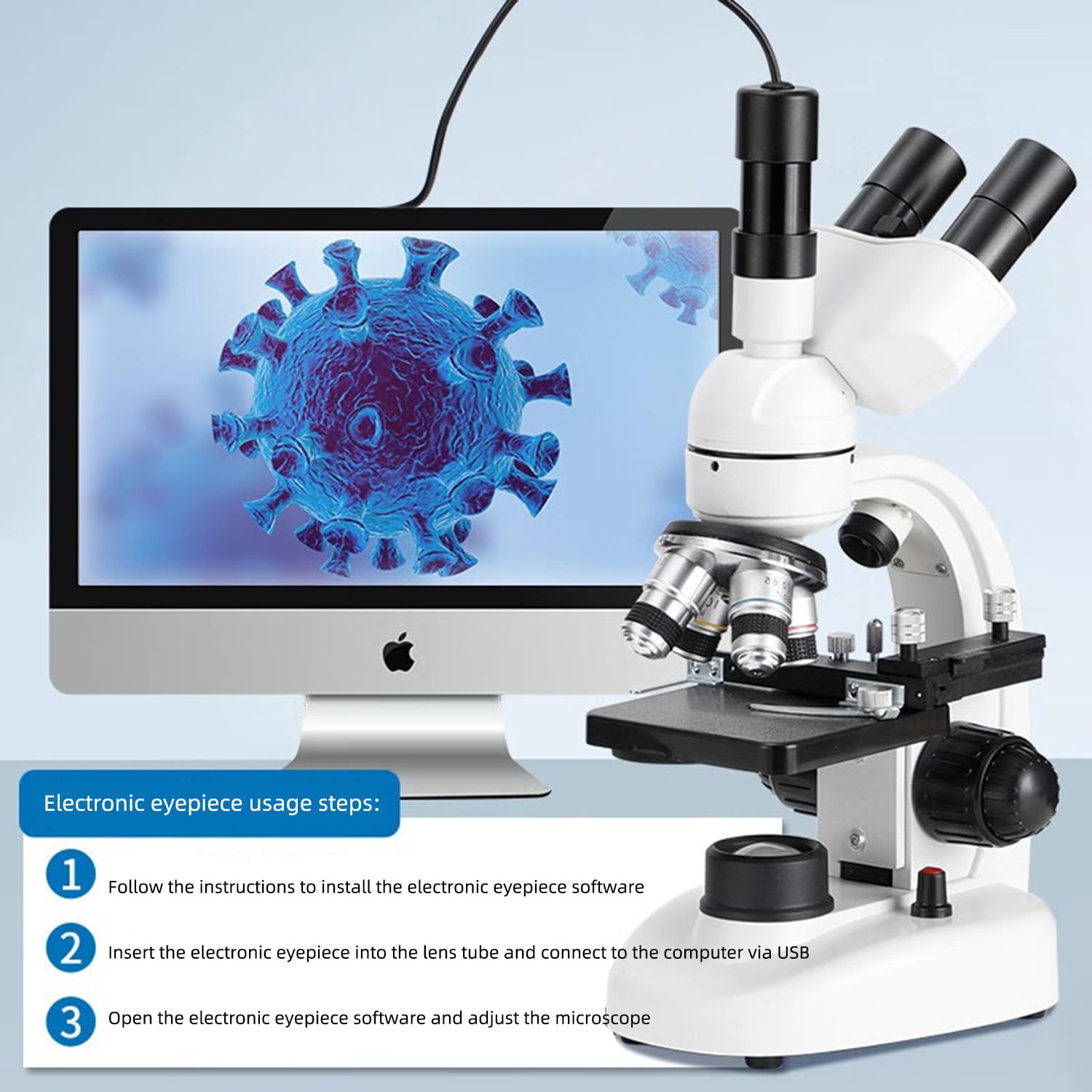 Microscopio professionale a luce composta 5000X con oculare elettronico, obiettivo 4X, 10X, 40X, 100X, microscopio trinoculare aggiornato con supporto per telefono cellulare, calibro, custodia
