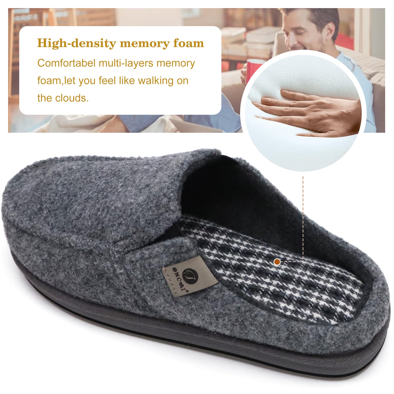 ONCAI Pantofole da Uomo in Comfort Pelo Cotone Strisce Ciabatte da Casa in Lana con Memory Foam Supporto Arco Suola in Gomma Taglia 40-50