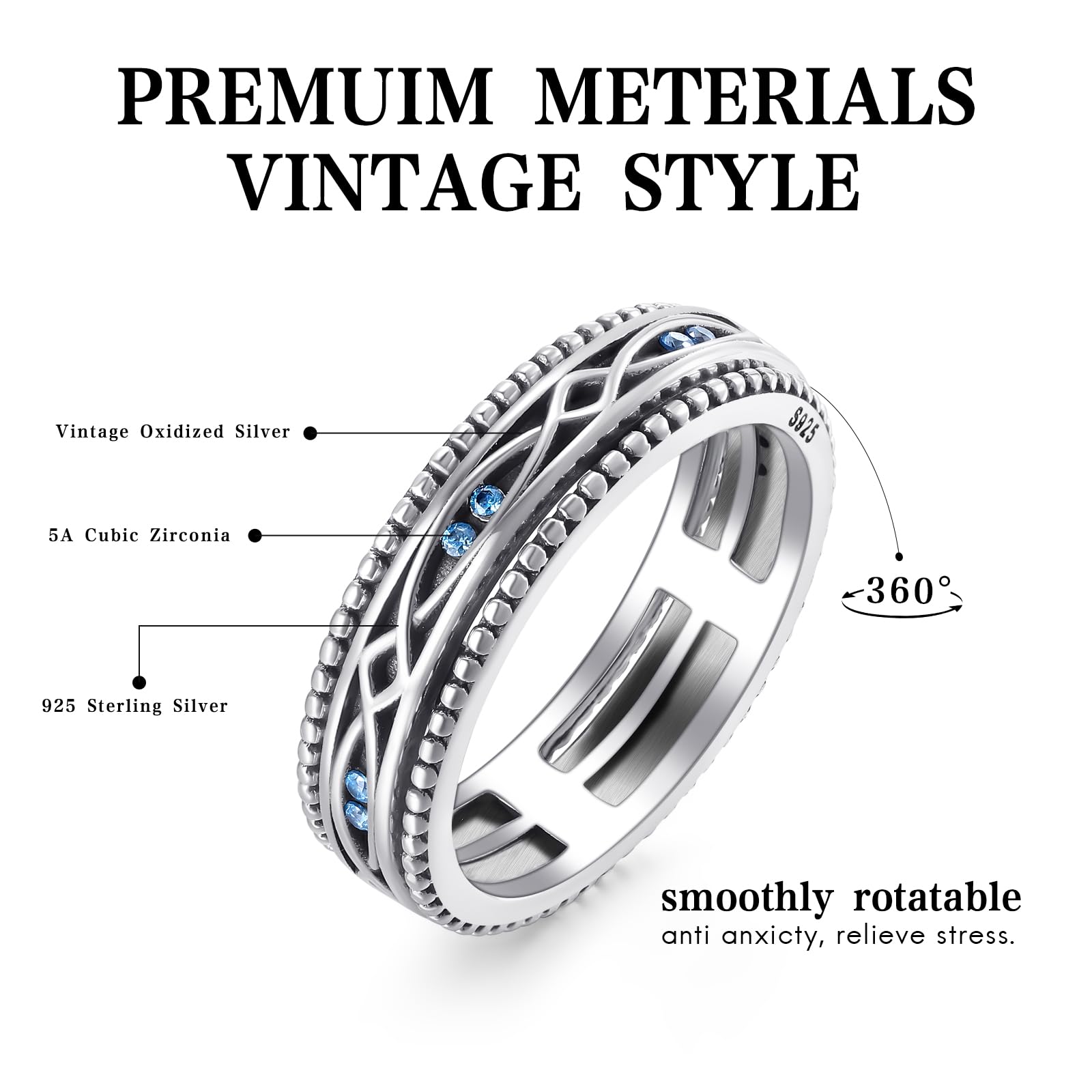 REDSUN Bague anti-mauvais œil en argent sterling 925 pour anxiété homme femme mauvais œil bague Fidget bijoux pour hommes, femmes, adolescentes et filles, en argent sterling