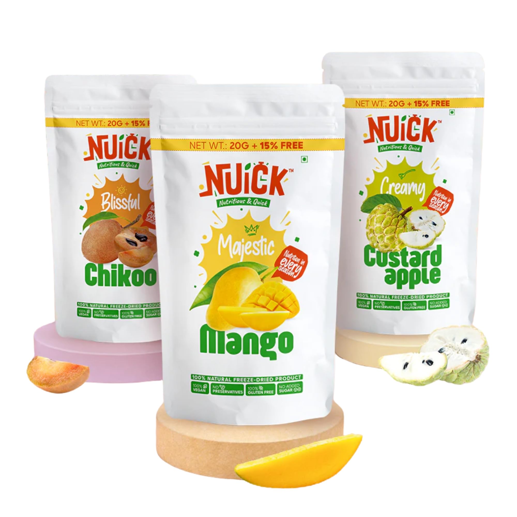 NUICK Combo of Freeze Dried Mango, Chikoo and Custard Apple | Pack of 3 | 100% Natural fruit, No Preservative, No Added Sugar, Not Frozen | Nutritious and Crunchy Snacks