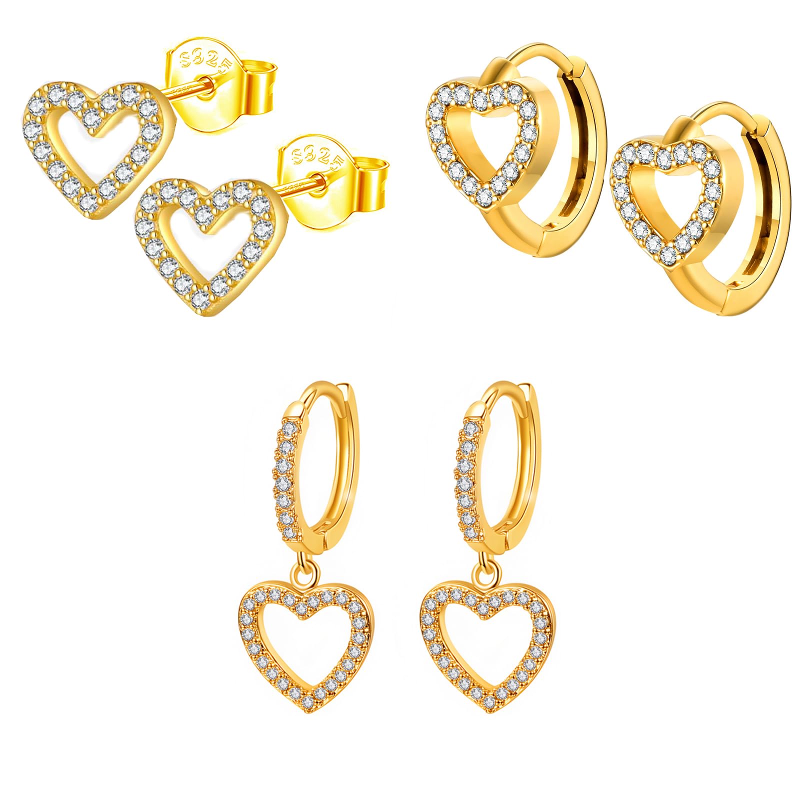 3 Paia Orecchini a Cerchio con Cuore Pendenti Argento Sterling 925 Orecchini Oro Cuore da Donna Piccoli Orecchino in Oro per Donna Ragazze con Scatola