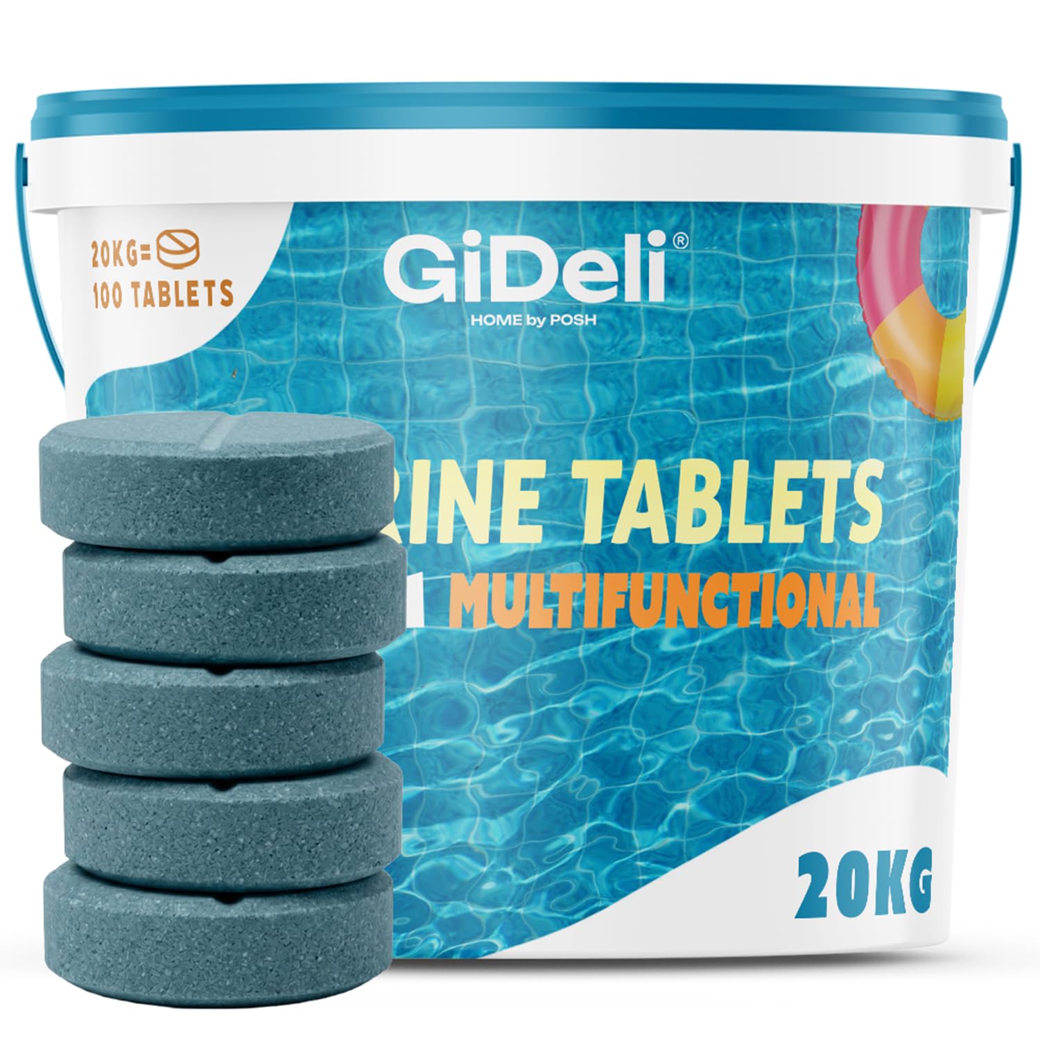 GiDeli Galets de Chlore Piscine Multifonction 20kg - Tablettes 200 g Longue Durée 4-en-1 - Anti-Algues, Stabilisé UV, Floculation - Hors-Sol, Tubulaire et Enterrée