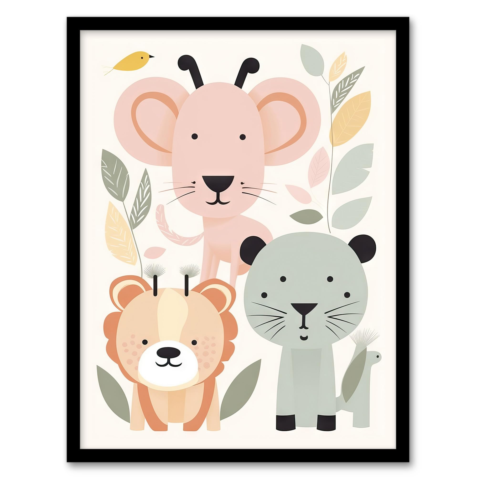 Artery8 Cute Zoo Baby Animals Pastel Colour Graphic Artwork Jungle Forest Friends Kids Bedroom Painting Artwork Framed Wall Art Print A4