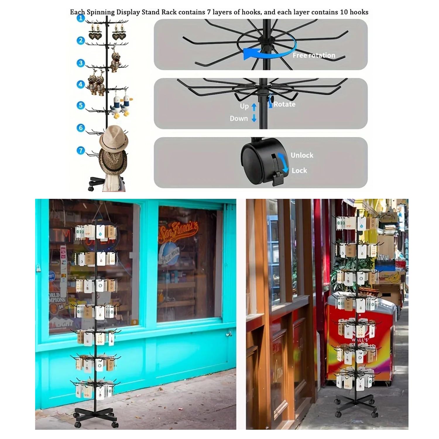 Présentoir Rotatif à 7 Niveaux,Etagère En Métal,Pour Porte-Clés,Bijoux,Événements Et Magasins,Mobile Et Réglable,Étagères Verticales Pour Les Magasins De Détail Et Les Supermarchés,Noir