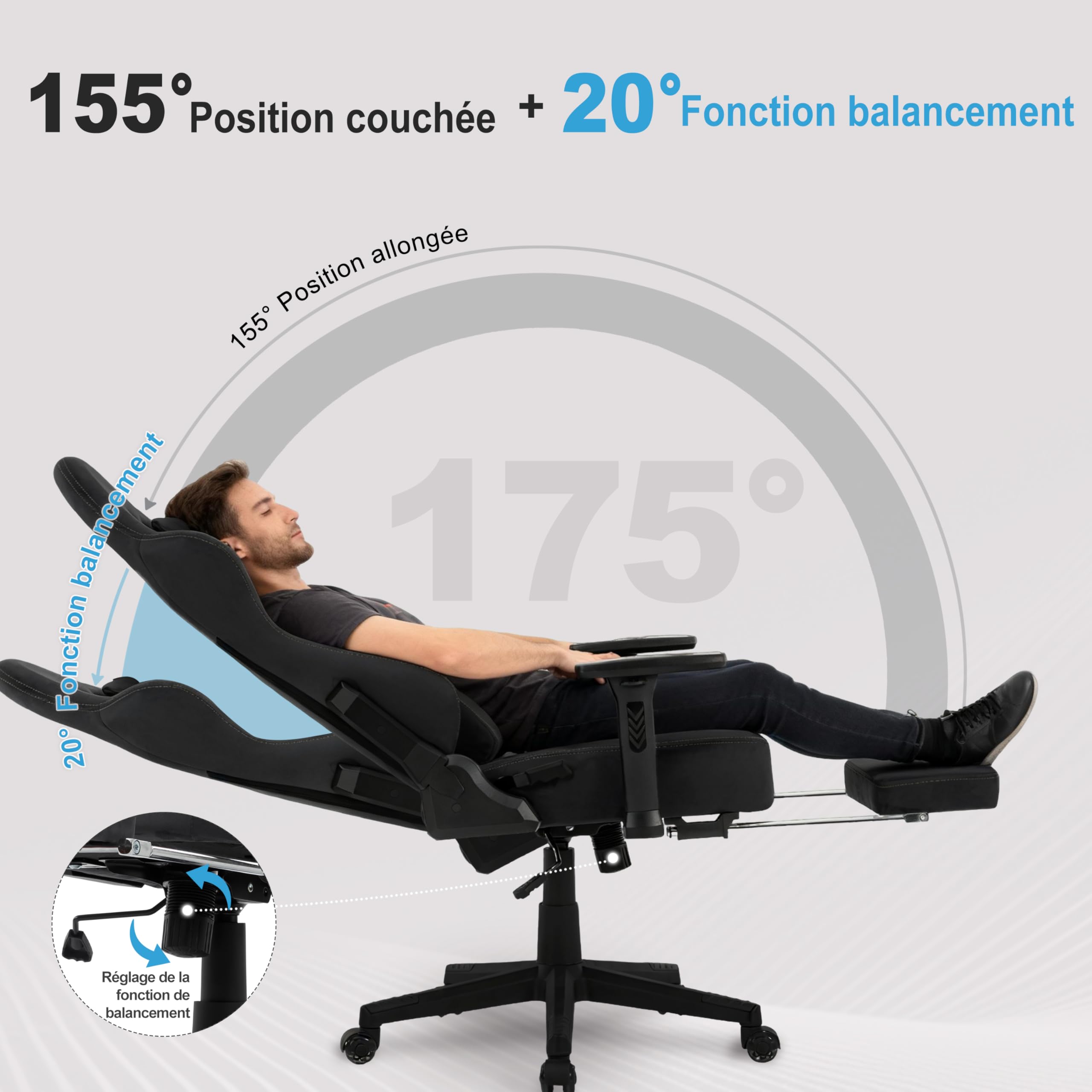 Symino Chaise Gamer XL, Siège Large Mousse+Latex, Support Lombaire & Tête, Inclinaison 175°, 300kg, Roues Silencieuses Incluses (Faux Daim, Noir)