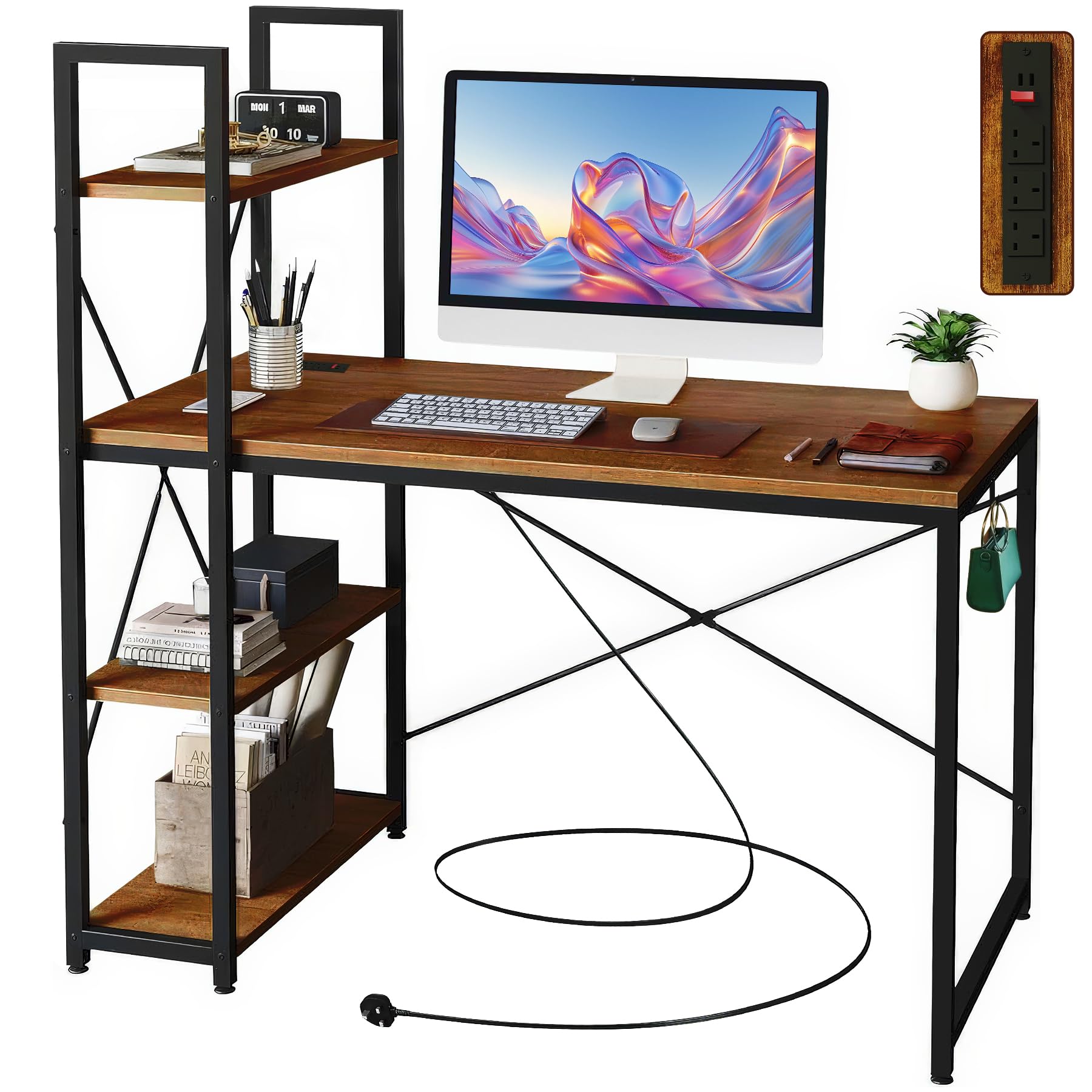 Escritorio De 120 Cm Con 2 Cajones Gancho Para Colgar Y Estante Mesa Escritorio Industrial Para Dormitorio Estudio Y Oficina Marrón