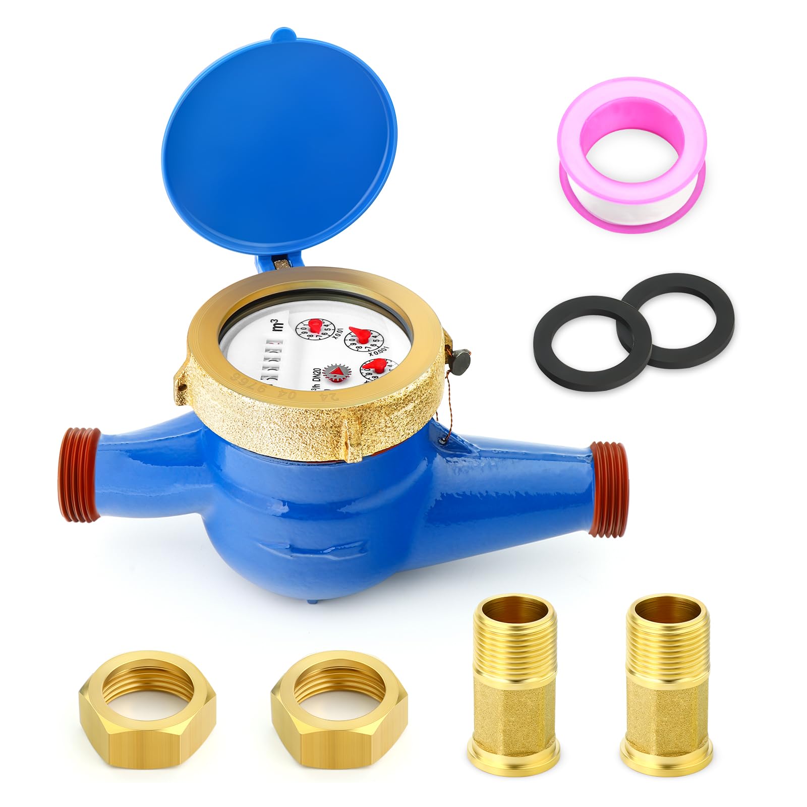 MEANLIN MEASURE 3/4" BSP Couplings Cold Water Meter for Garden or Home 20MM Measuring in Cubic Meter, Blue, 3/4"BSP