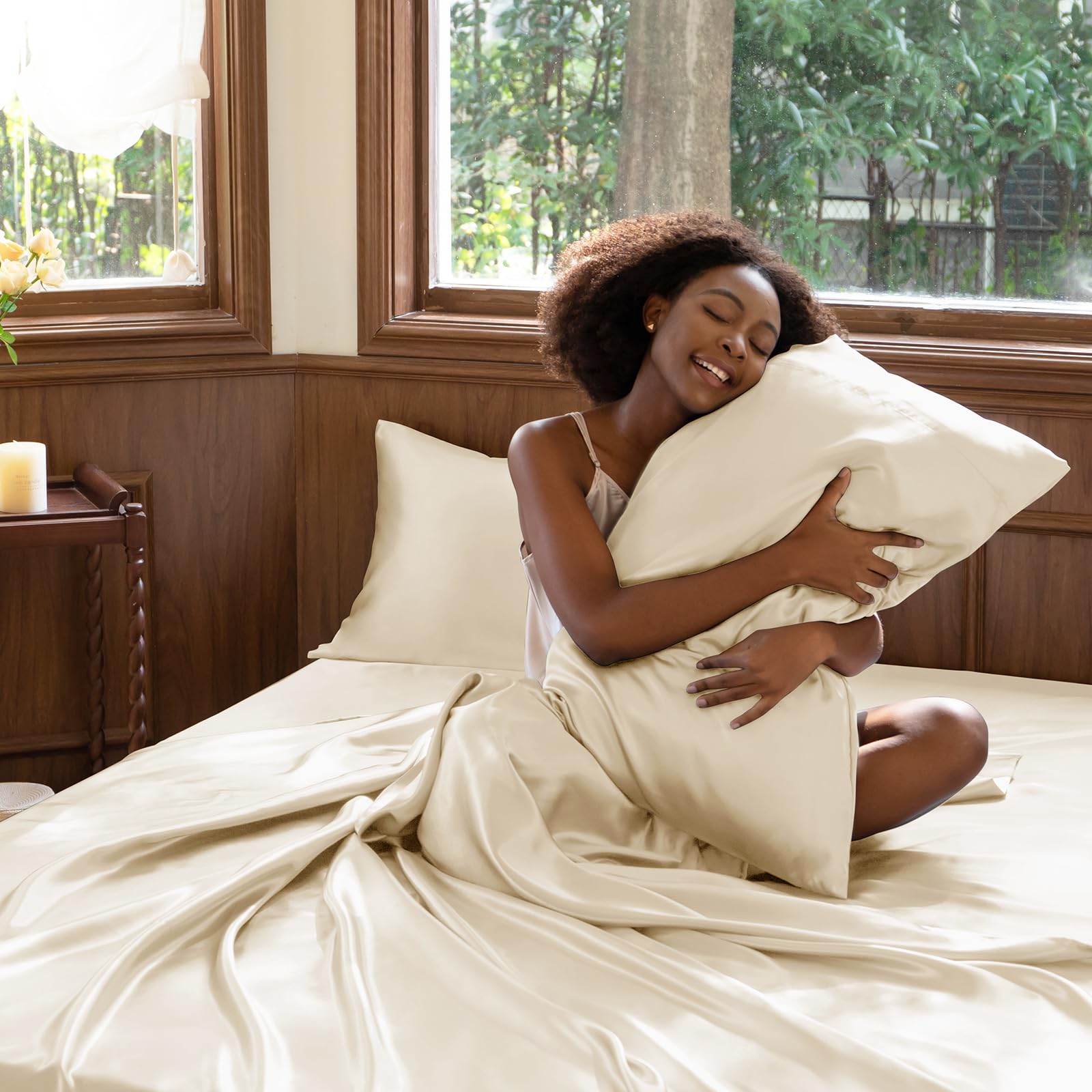 CozyLux Satin Sheets Queen Size Bed Set - 4 Piece Silky Queen Sheet Set, Luxury Sheets with Smooth and Soft Microfiber, Includes 1 Fitted Sheet, 1 Flat Sheet and 2 Pillowcases