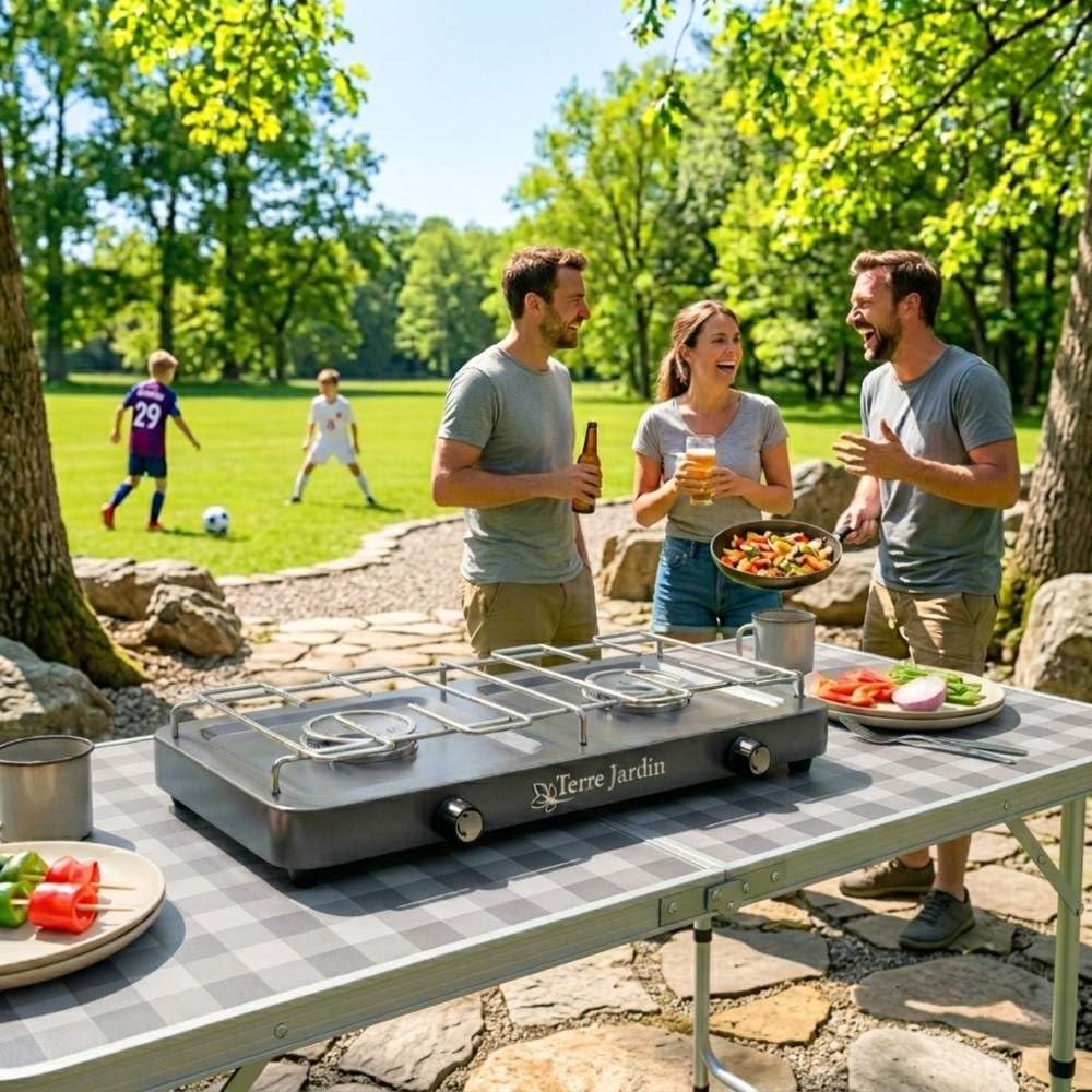 TERRE JARDIN Réchaud de Camping 2 Feux à Gaz - Gazinière Portable avec Couvercle - Plaque de Cuisson Double Brûleur pour Camping, Bivouac et Extérieur
