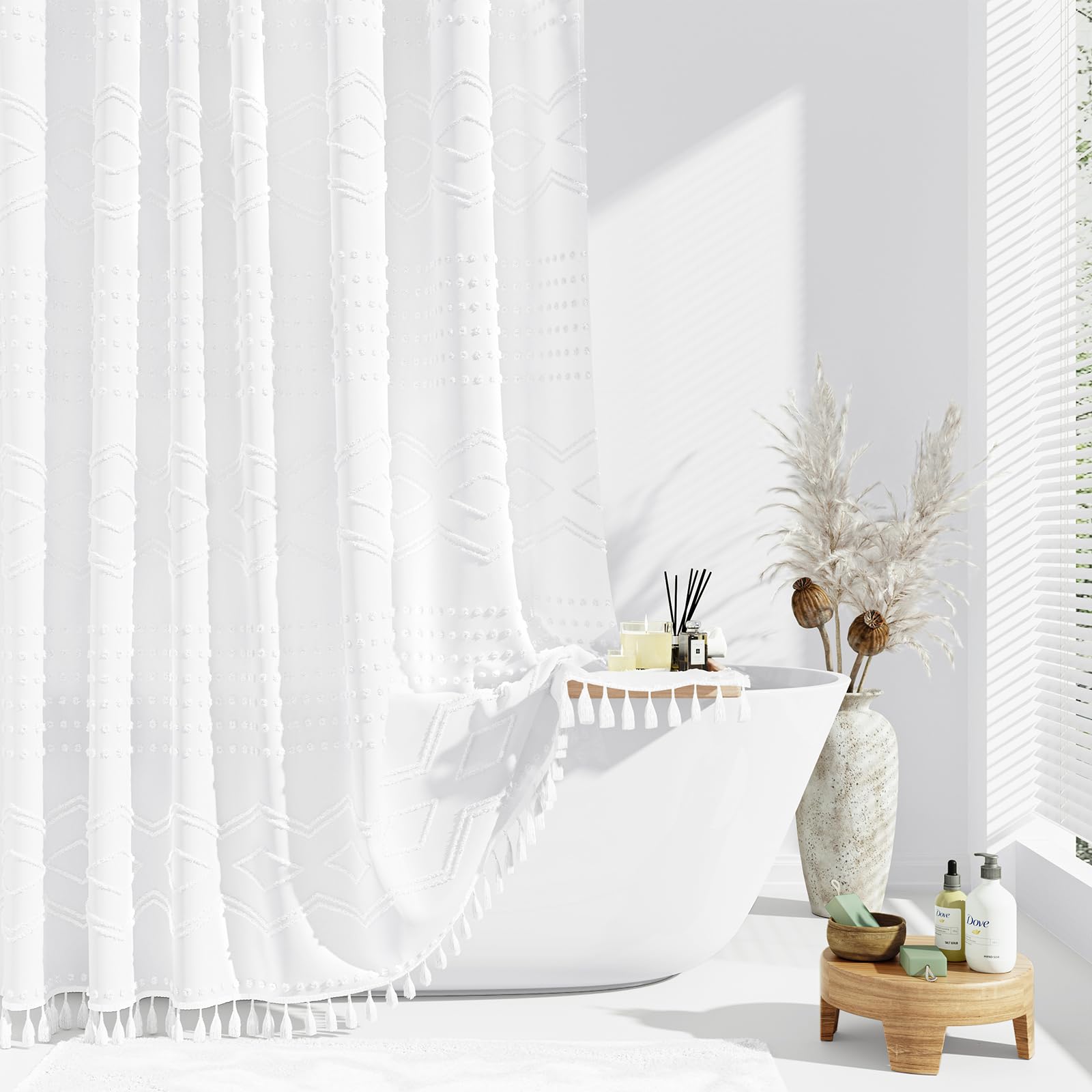 Dynamene White Fabric Shower Curtain, Boho Striped Tassel Shower Curtain for Bathroom, Diamond Chevron Tufted, Shabby Chic Textured Farmhouse Waterproof Cloth Shower Curtain Set, Wrinkle Free, 72x72