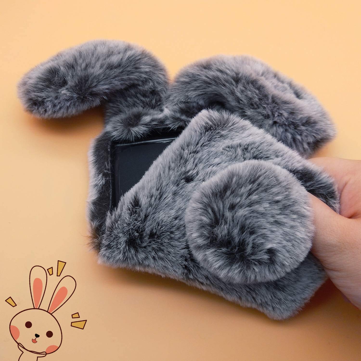 HFICY Custodie per telefono con coniglietto soffice, con 2 pellicole protettive in vetro e cordino a tracolla, orecchie di coniglio pelose pelose, per donne e ragazze, cover in morbido peluche (per