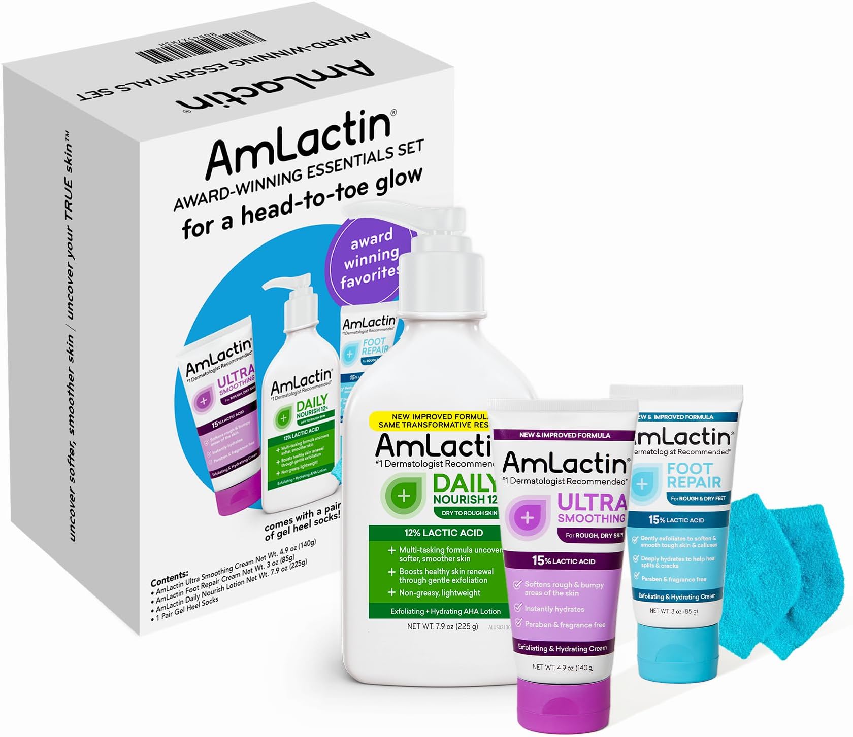 Award-Winning Essentials Skin Care Set - Daily Nourish 12% Lotion, Ultra Smoothing Cream, Foot Repair Cream & Moisturizing Socks - Lactic Acid Moisturizer Gift Set for Whole-Body Skin Renewal