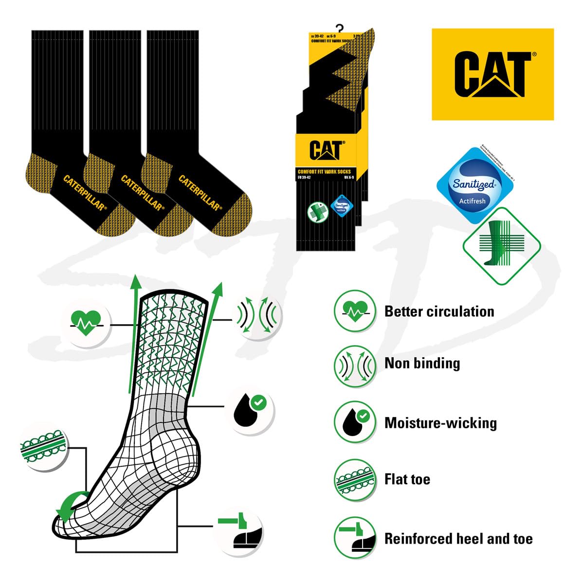 CAT CATERPILLAR - Calzini da lavoro per diabetici, da uomo, comodi, senza gomma, in cotone di alta qualità, taglie 39-42 e 43-46
