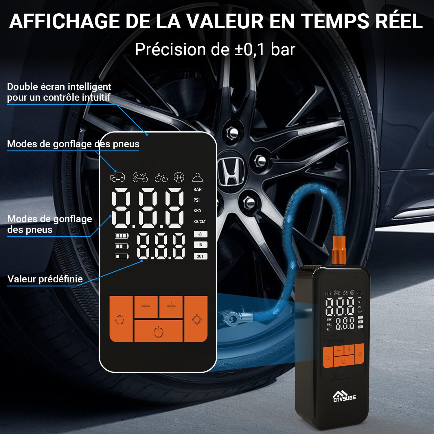 Compresseur d'Air Portatif 10,3 Bar/150 PSI, Gonfleur Pneus Voiture Mini | Pompe À Velo Électrique Gonflage Rapide, Gonfleur Pneu Sans Fil avec Batterie 4000mAh PowerBank, LED et Arrêt Automatique