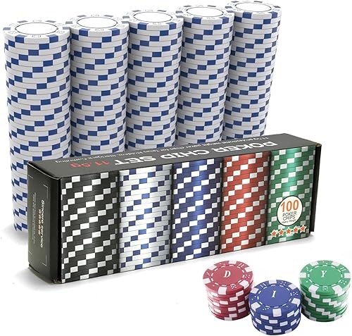 Vista 22 de 100 fichas de póquer profesional con caja de almacenamiento, juego de fichas de póquer de casino de 5 colores, fichas de póquer de casino compuestas