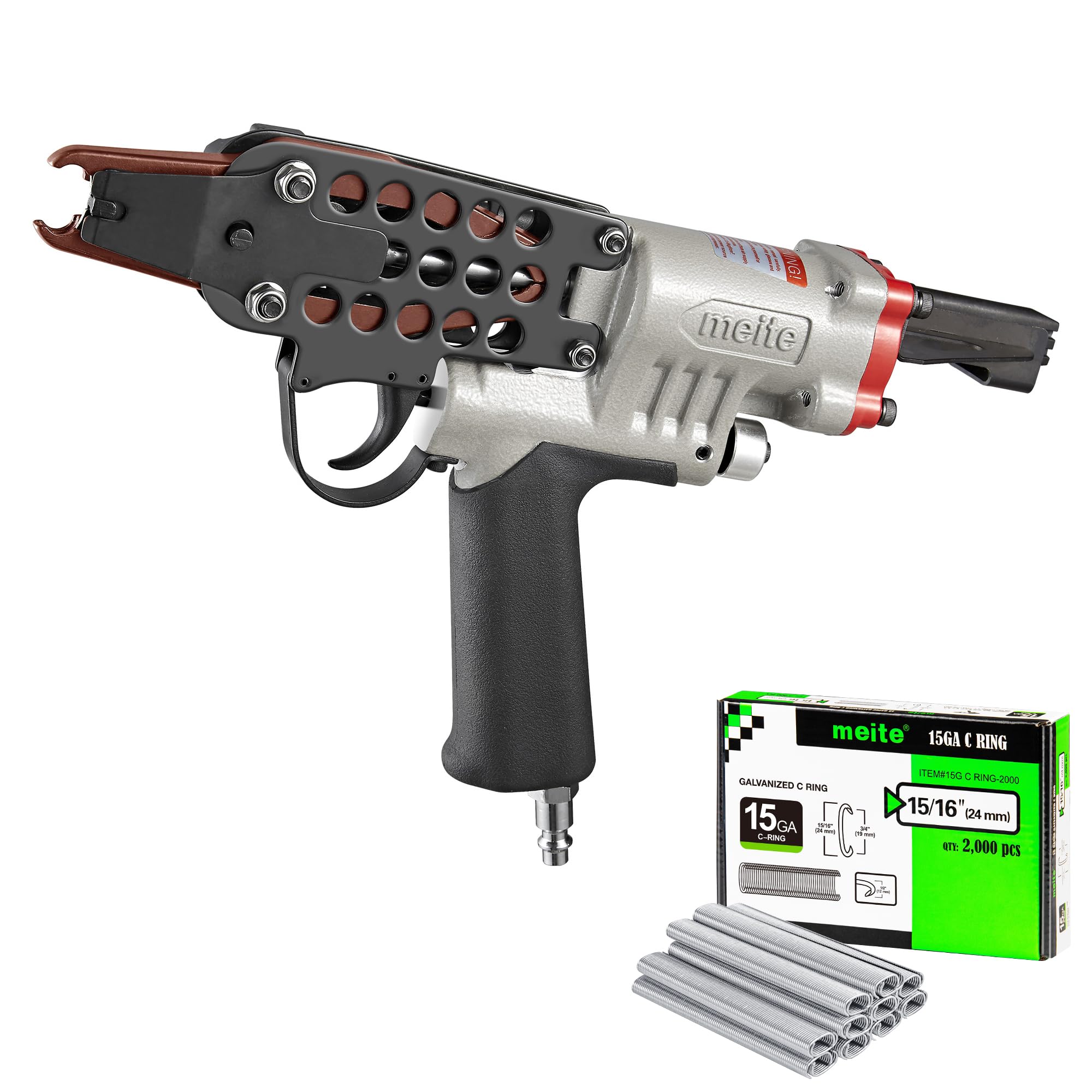 meite SC7E-I2 Pneumatic Hog Ring Gun with 2,000 Counts 15GA Hog Rings, 15 Gauge 3/4" Crown Extended Nose Hog Ring Pliers, 8.8 mm Closure, Upgrade Trigger Air C Ringer for Mattress Assembly
