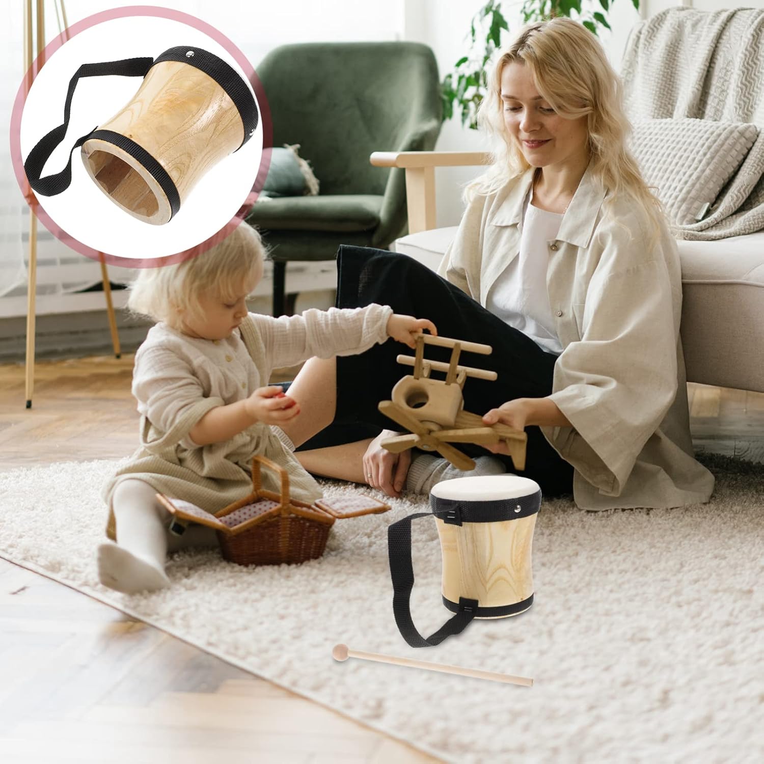 Vaguelly Kid Bongos Drum With Drum Stick Wood Percussion Musical Instrument for Kids Adults Beginners, 13cm