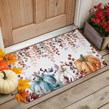 Blue White Orange Pumpkin Fall Indoor Door Mat - 20"x31.5", Thanksgiving Botanical Non-Slip Welcome Mat for Outdoor, Farmhouse Front Door Rug for Entry, Low-Profile Doormat Entrance Rug for Kitchen