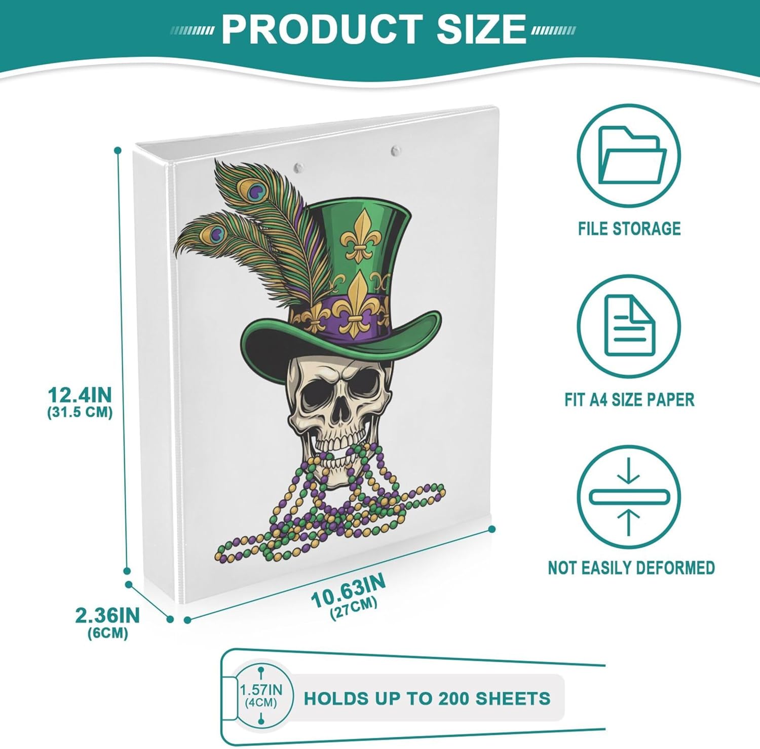Mardi Gras Skull 3 Ring Binders, 1.5” Round Ring Binders with Clipboard - Letter Size, 3 Interior PVC Clear Pockets & Anti-Slip Clip for Office School Supplies, 2PCS