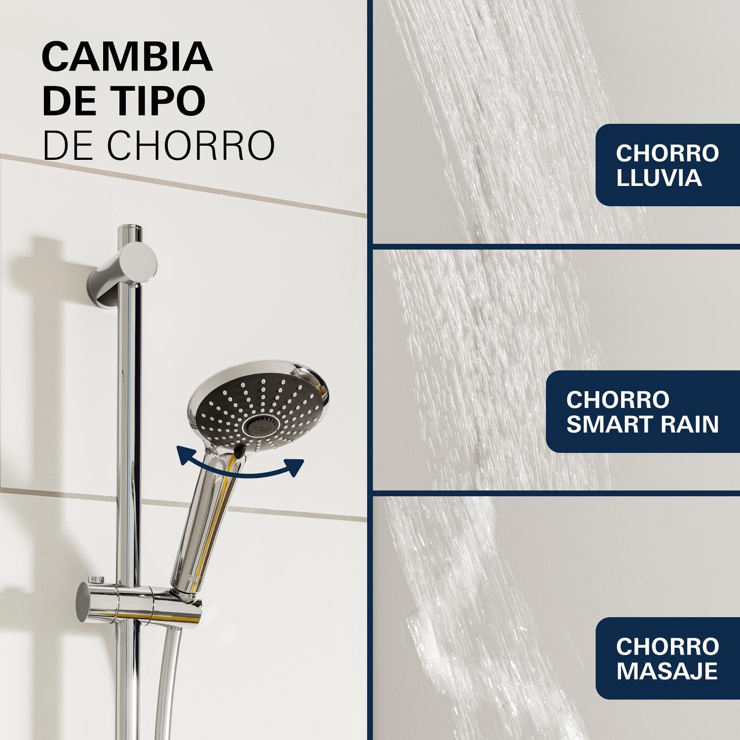 GROHE Vitalio Joy 110- Conjunto de ducha (teleducha 11 cm con 3 chorros, barra ducha 62 cm, soportes de pared metal, flexo 1,75 m, menor consumo agua, instalación QuickGlue), cromo, 27333000