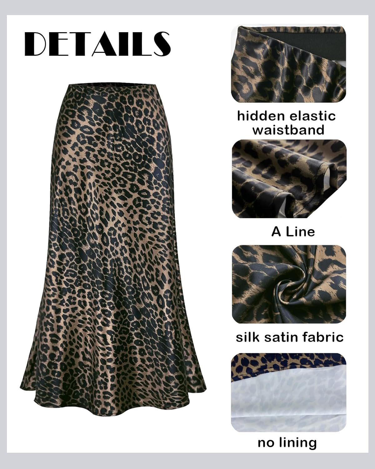 Women's Silk Satin Midi Skirt Elastic High Waisted A-Line Cheetah Print Leopard Long Skirts for Women Trendy - Image 4