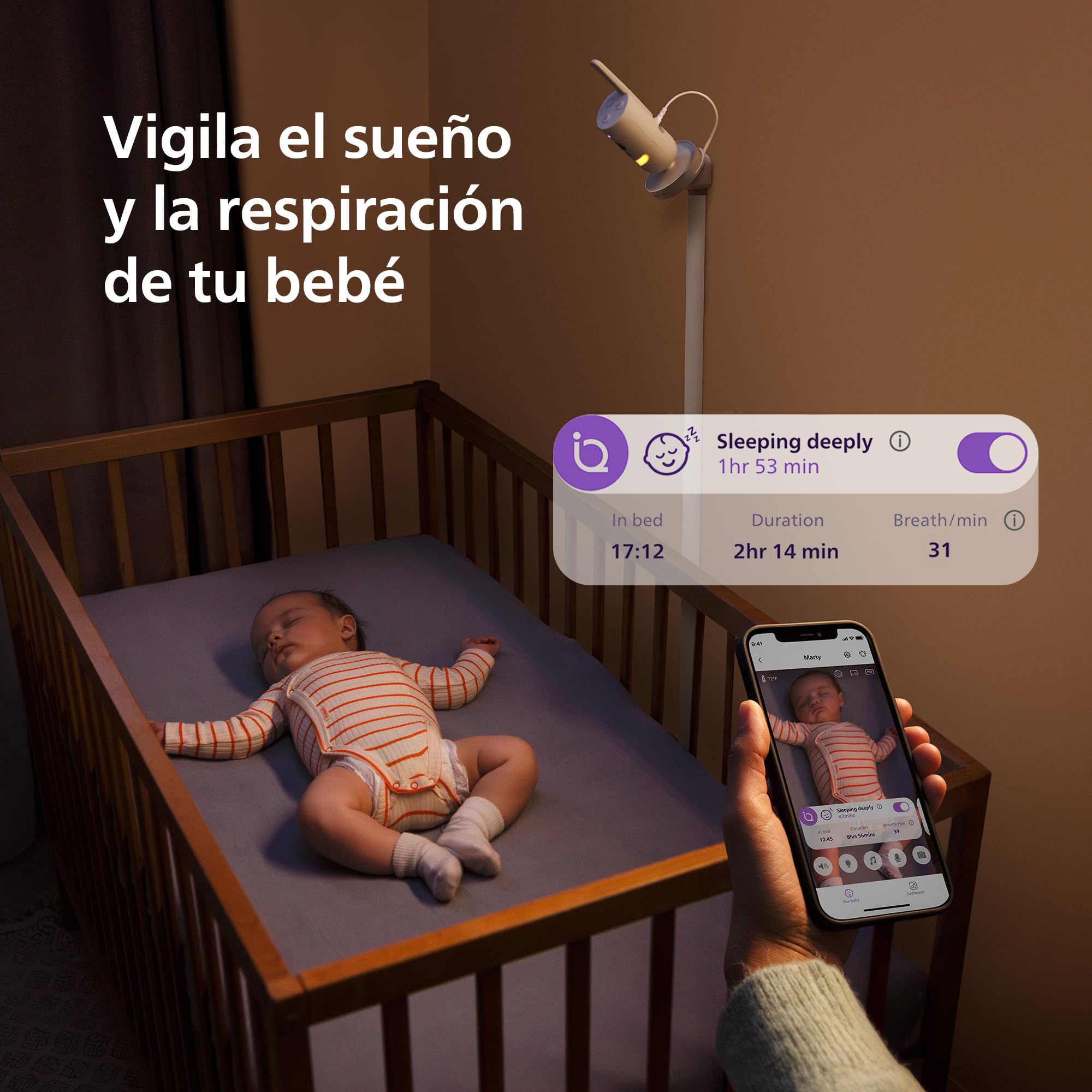 PHILIPS Avent Vigilabebés Premium con App - Cámara HD de 1080 píxeles, Seguimiento del sueño y la respiración con IA, traducción del llanto, Certificado DEKRA, Montaje en Pared, SCD974/26