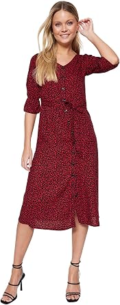Trendyol Womens V-Neck Puffed/Ruffle Sleeve Red Dress