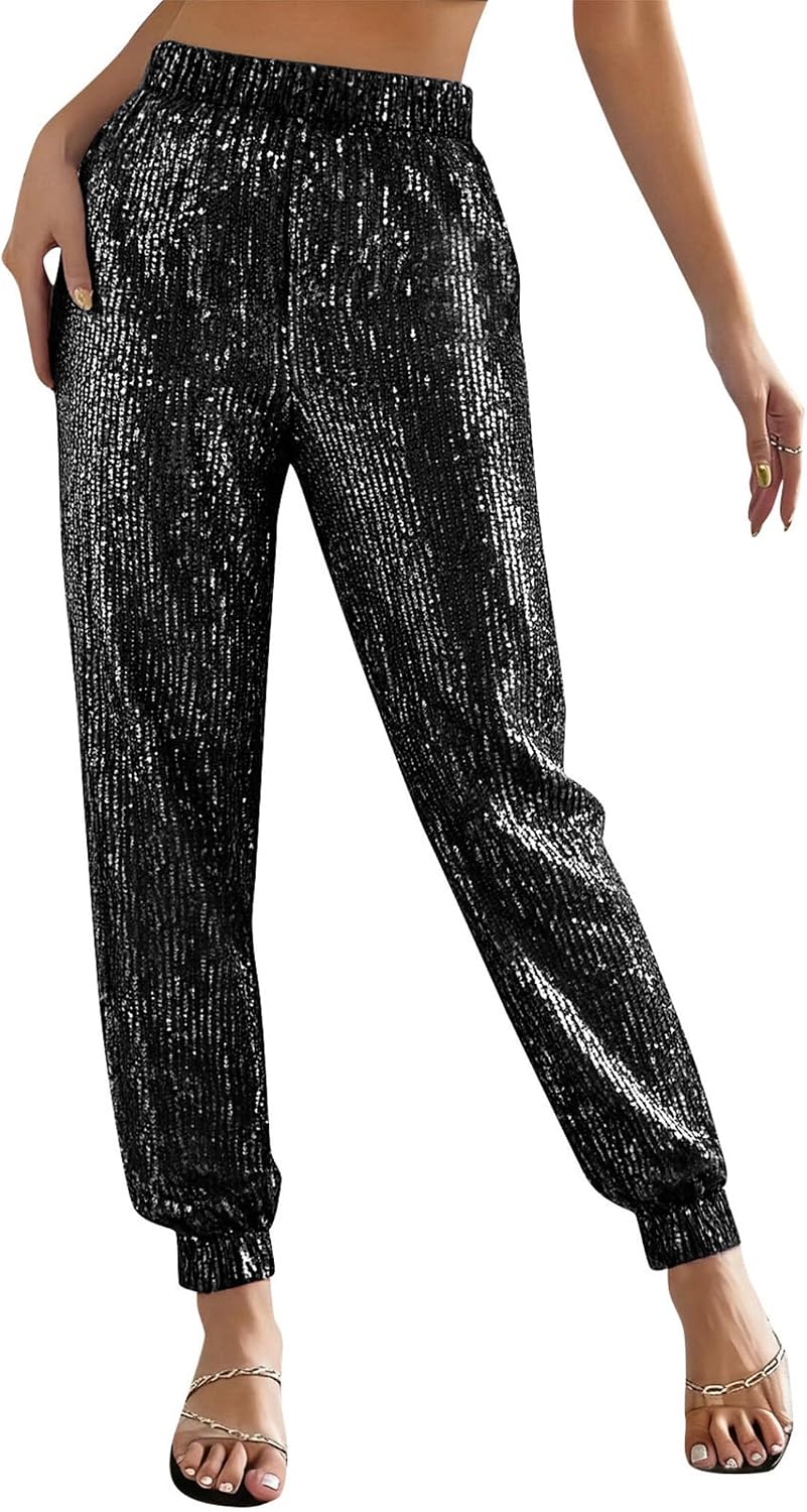 Sequin Joggers for Women Elastic High Waisted Sparkly Pants Party Glitter Trousers Disco Dance Clothes