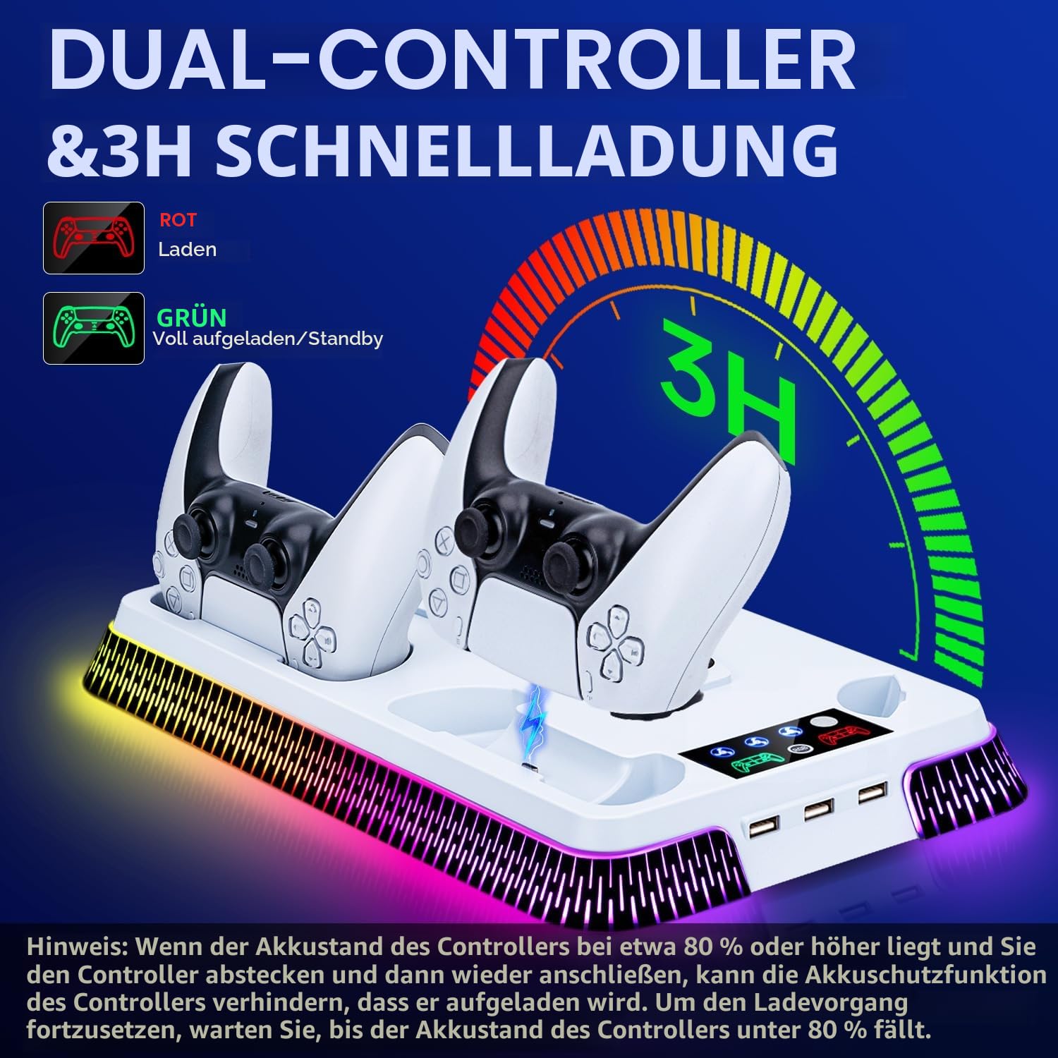 PS5 Standfuß mit Lüfter und Controller Ladestation, Vertikaler PS5 Ständer mit RGB Licht, Headset Halter und Remote Steckplatz, 3-Stufige Kühlung für PS5/PS5 Slim/PS5 Pro Disc & Digital Edition, Weiß