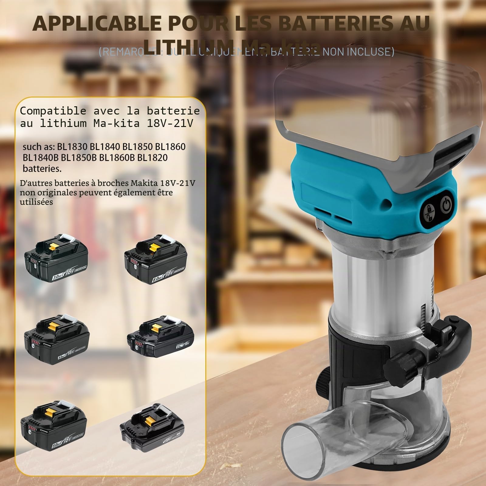 Routeur électrique sans fil compatible avec batterie Makita 18 V/20 V, coupe-bordure sans balais avec 6 vitesses, 800 W 30 000 tr/min, avec fraises de découpe, guide de bord et rouleau (bleu pour