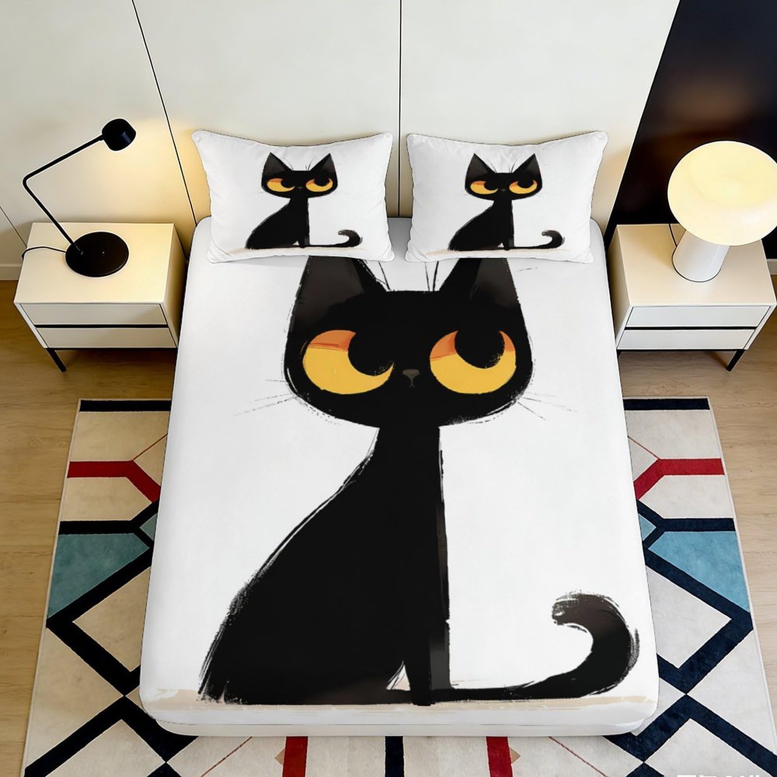 3D Printed Black Cat Fitted Sheet Microfiber Soft Breathable Cartoon Kitten Bed Cover for Bedroom Dormitory Guest Room Mattress Protection Decor 120x200x25cm