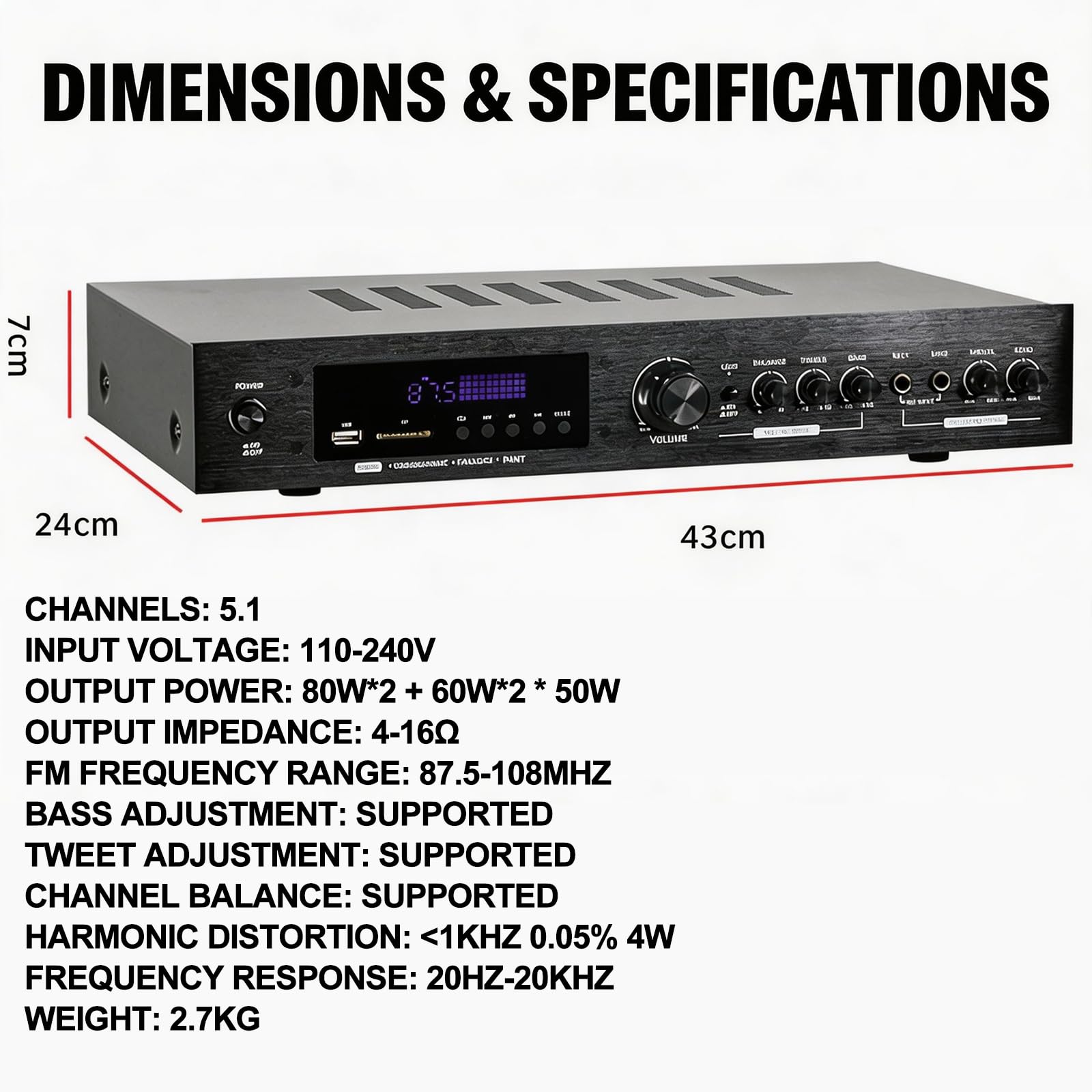 Amplificador Bluetooth Karaoke Mini Amp Inalámbrico, Amplificador Receptor Estéreo De 5 Canales Y Amplificadores Con Lcd, Entrada De Fibra Óptica Y Coaxial, Conector, Entrada De Micrófono Usb