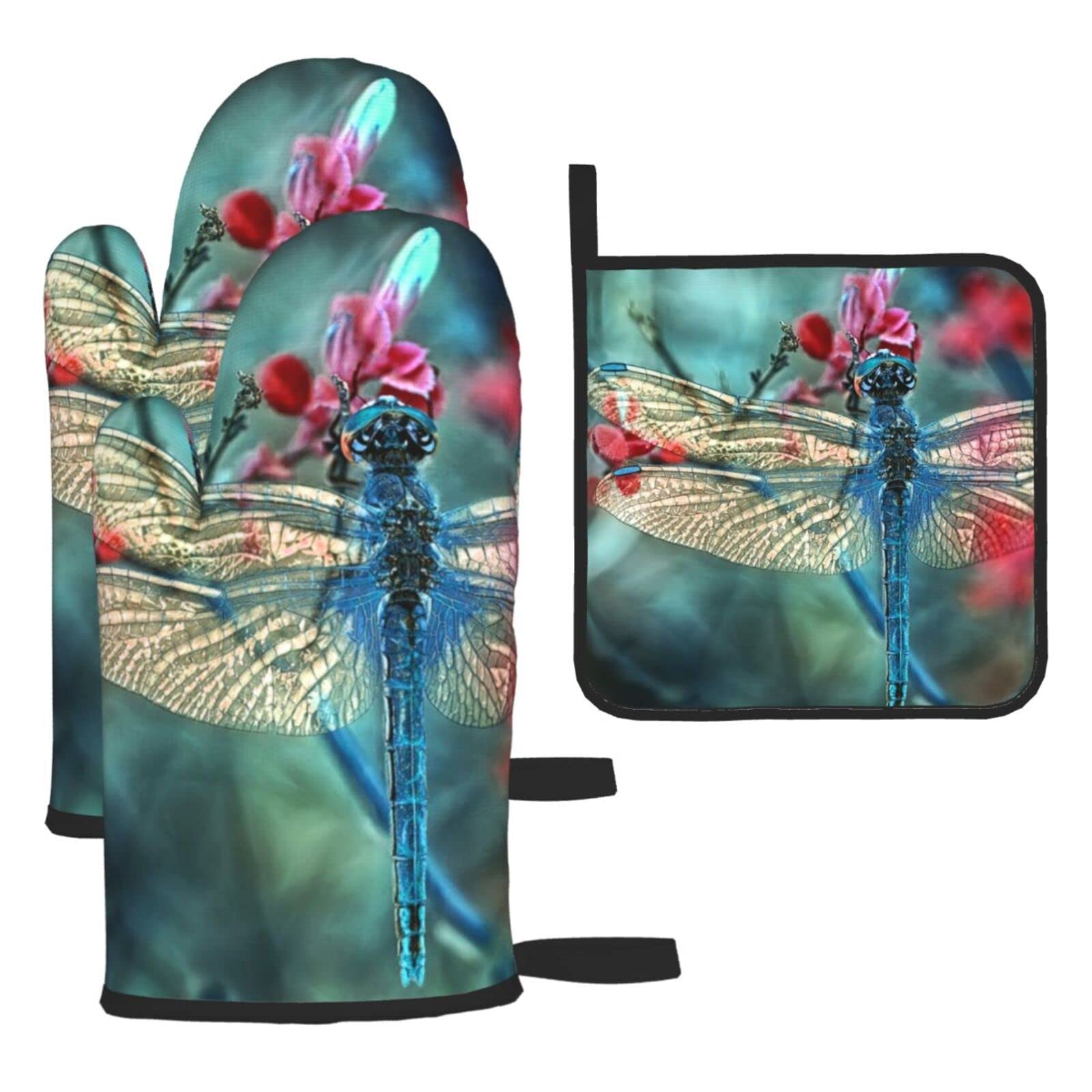 Dragonfly On The Flower Printed Kitchen Baking Three-Piece Heat-Resistant Thick Cotton Oven Gloves for Cooking and Baking.