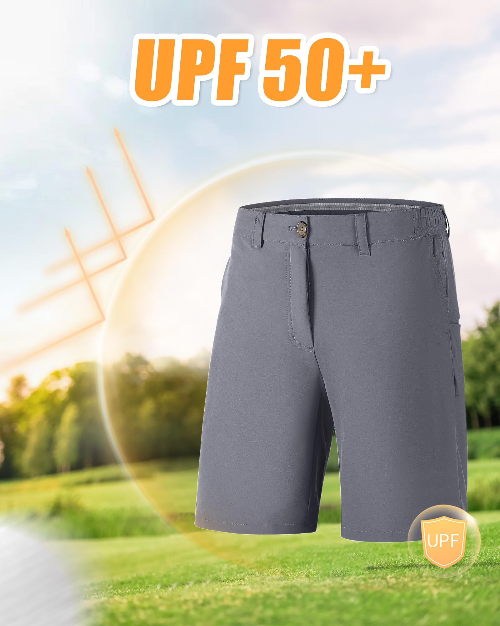 Outdoor Ventures Pantalones cortos de golf para hombre UPF 50+ elásticos, ligeros, de secado rápido, pantalones cortos de golf de 9 pulgadas con 3 soportes para té y bolsillos para golf