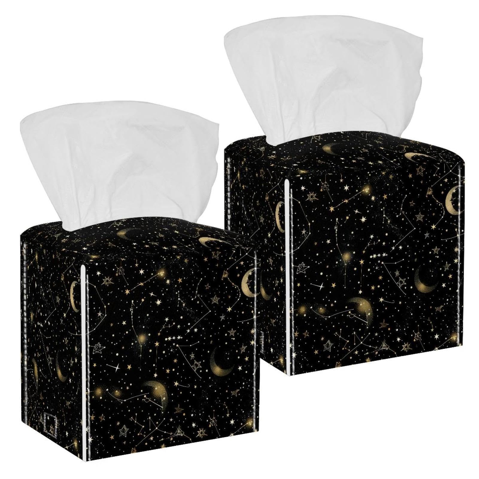 Mystical Sky Tissue Box Cover, 2 Pack PU Leather Square Facial Tissue Dispenser Box holder for Home Office Car